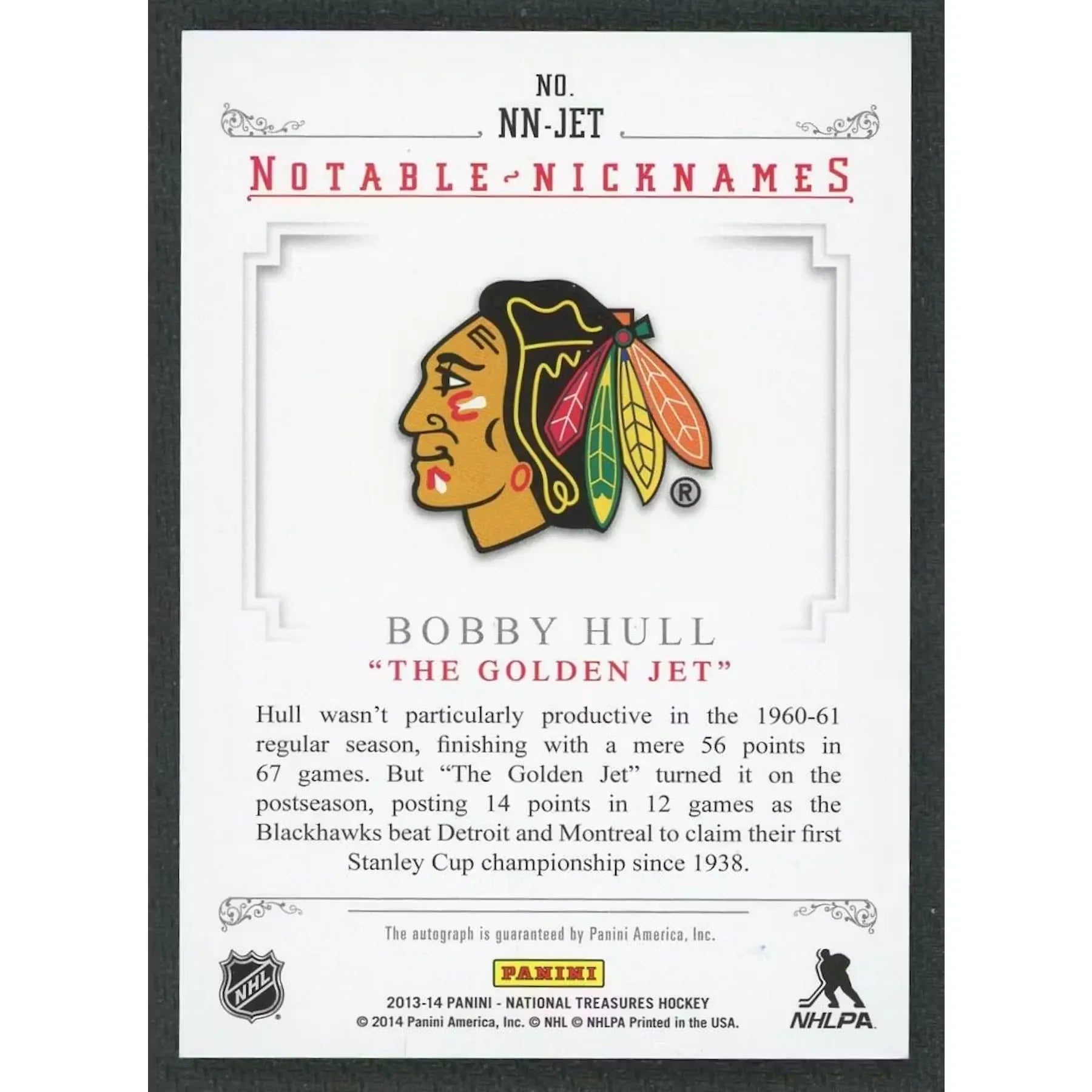 Bobby Hull Signed 2013-14 Panini National Treasures Card | Notable Nicknames Auto/25