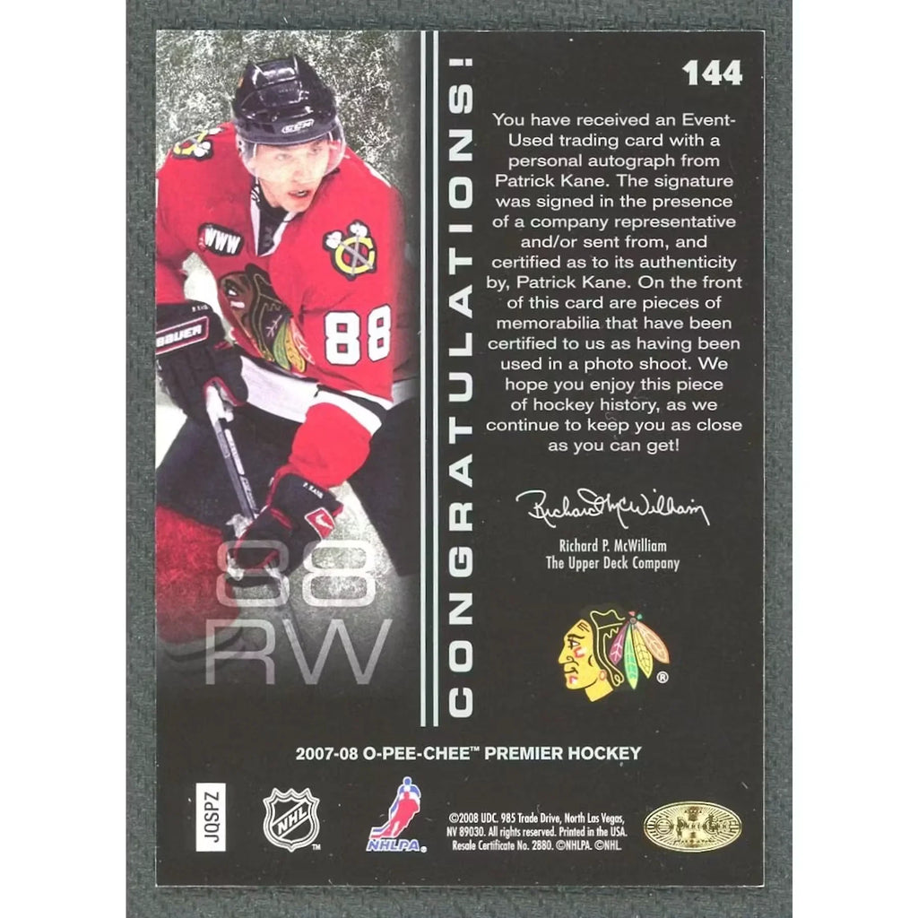 Patrick Kane 2007-08 O-Pee-Chee Premier Rookie Quad Patch Auto |/299