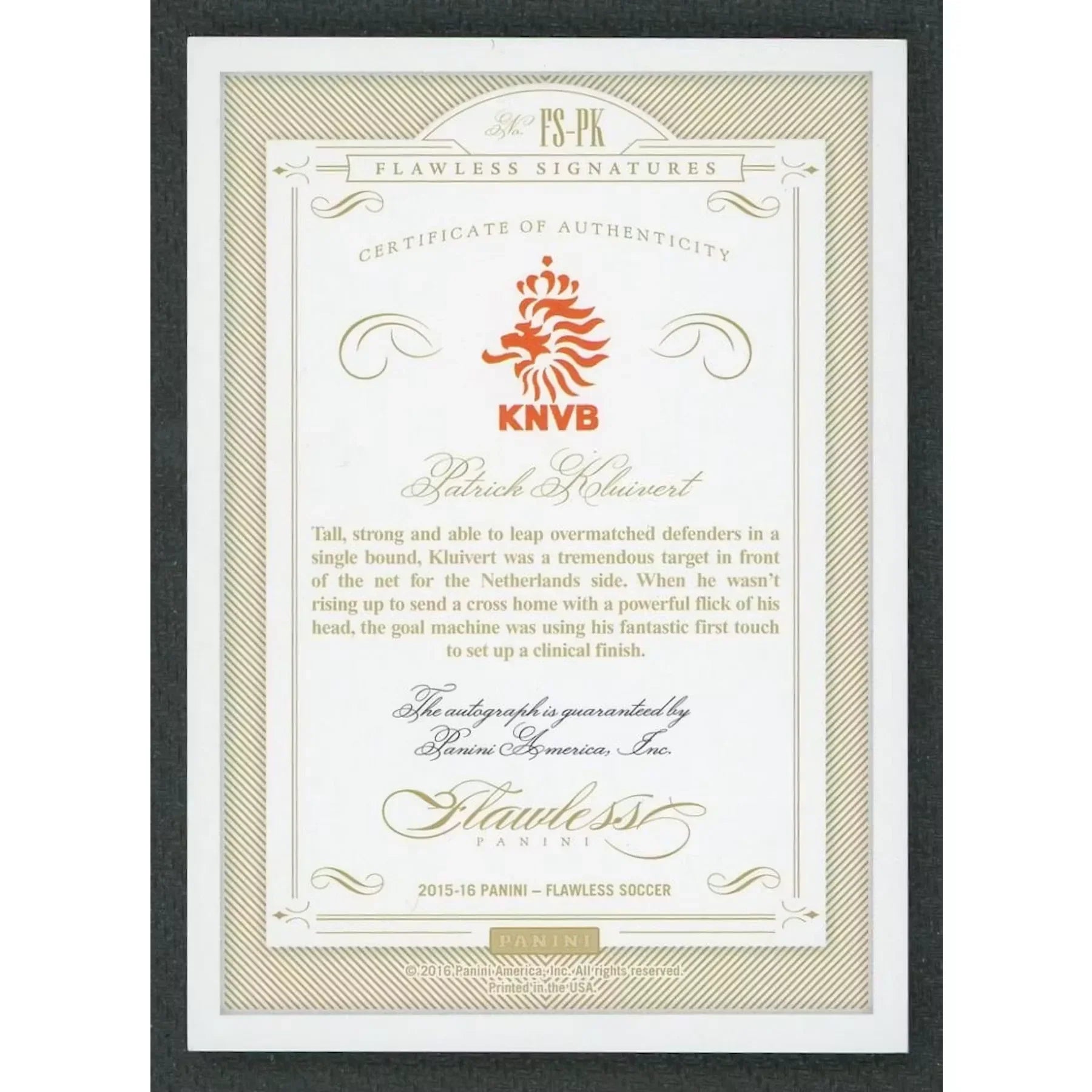 Patrick Kluivert Signed 2015-16 Panini Flawless Ruby Card |/15