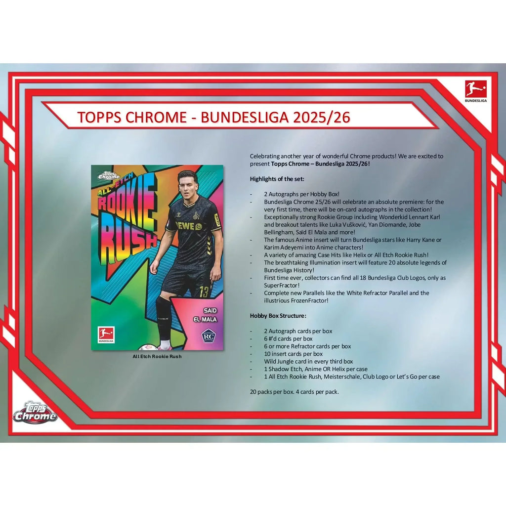 2025 26 Topps Chrome Bundesliga Soccer Hobby Box (Ships Sealed Only)
