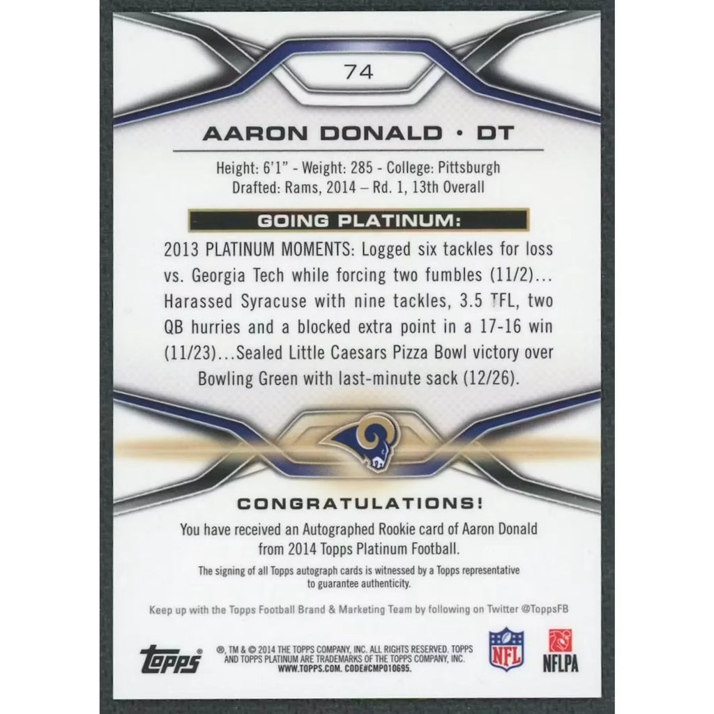 Aaron Donald Signed 2014 Topps Platinum Rookie Card | #74 Auto/150