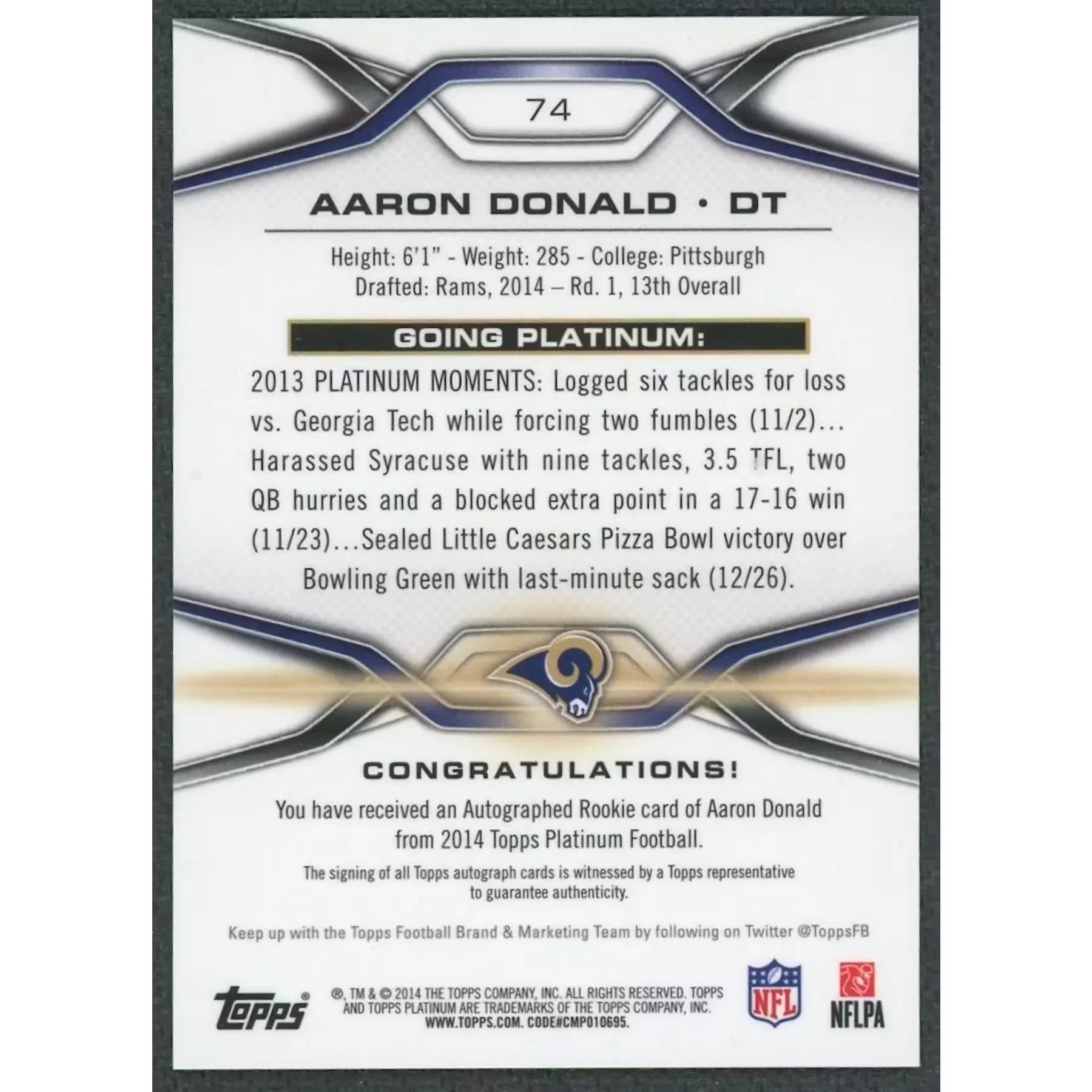 Aaron Donald Signed 2014 Topps Platinum Rookie Card | #74 Auto/150