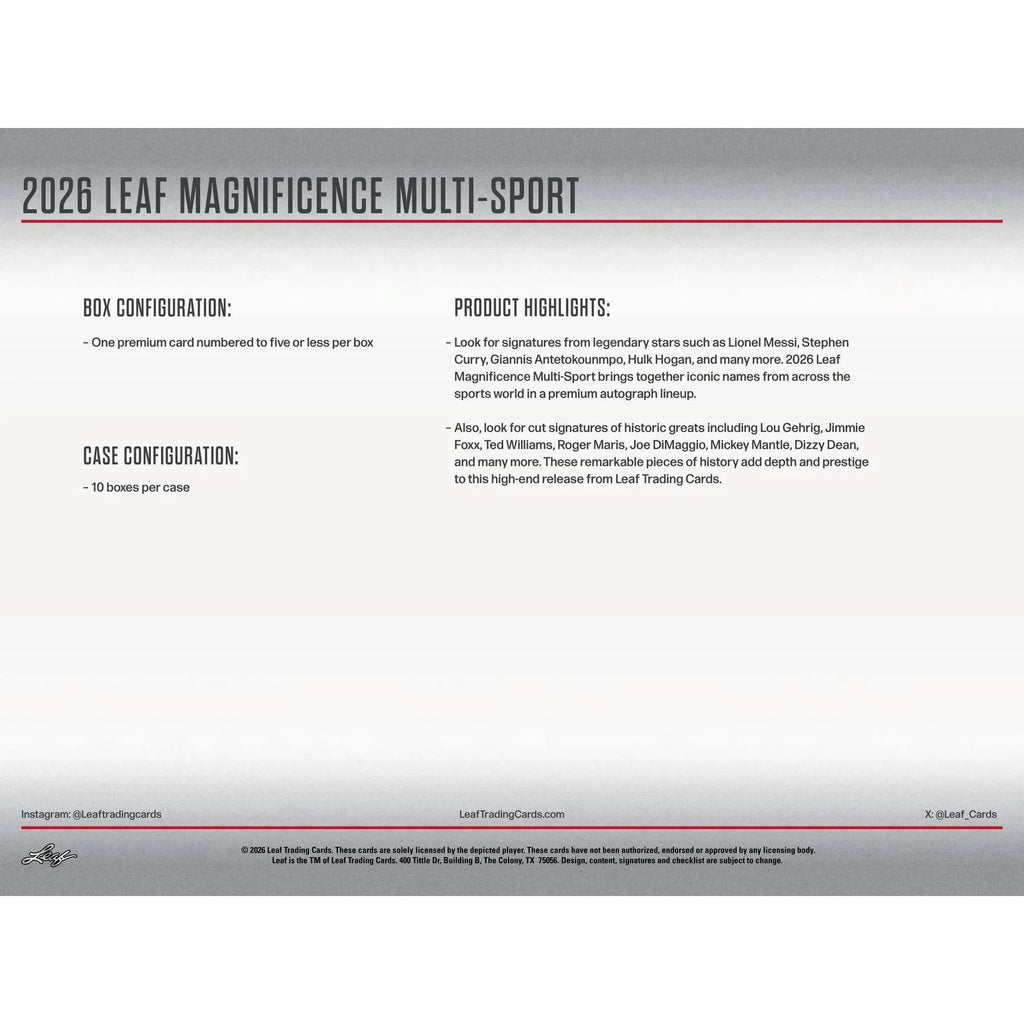 2026 Leaf Magnificence Hobby Box Multi Sport (Ships Sealed Only)