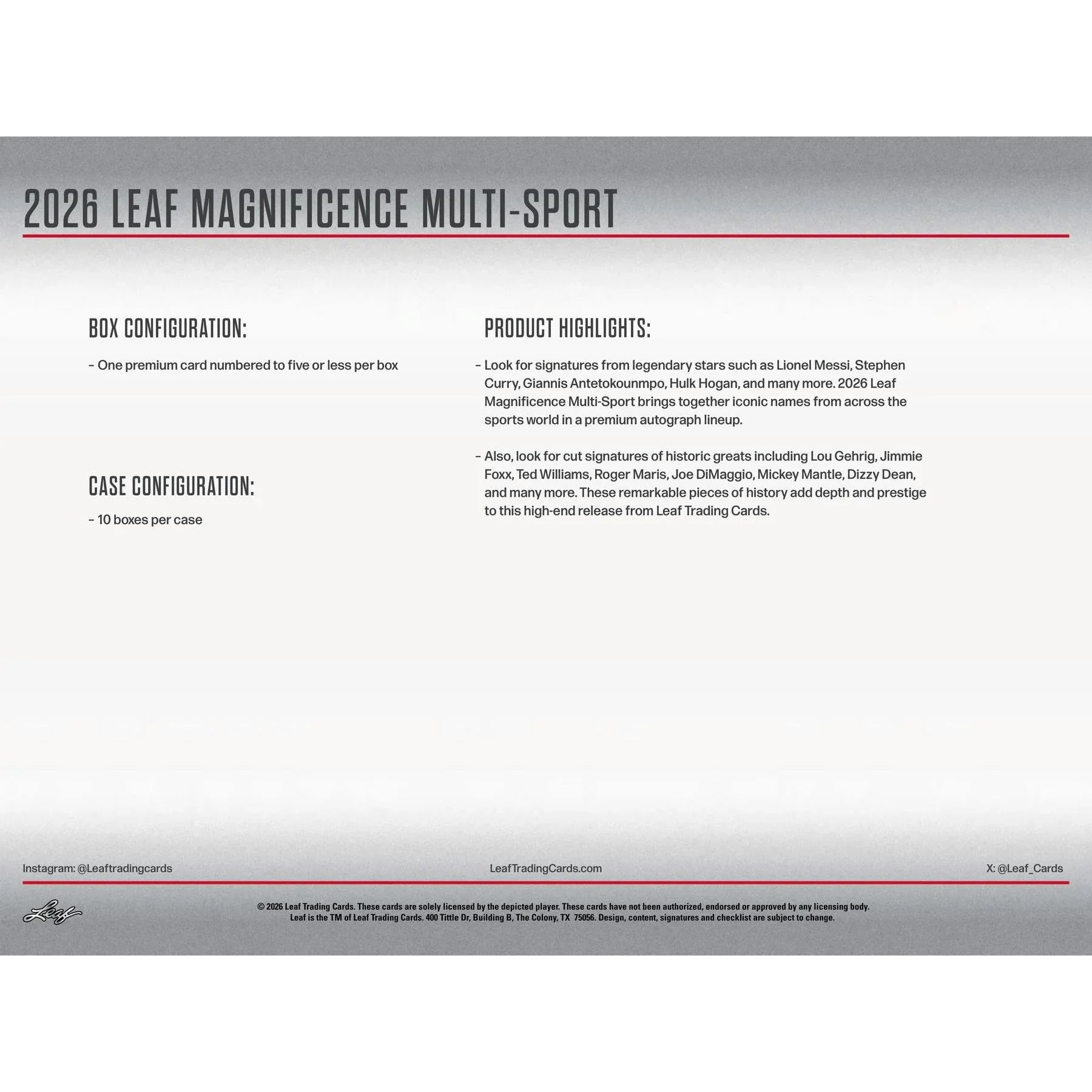2026 Leaf Magnificence Hobby Box Multi Sport (Ships Sealed Only)