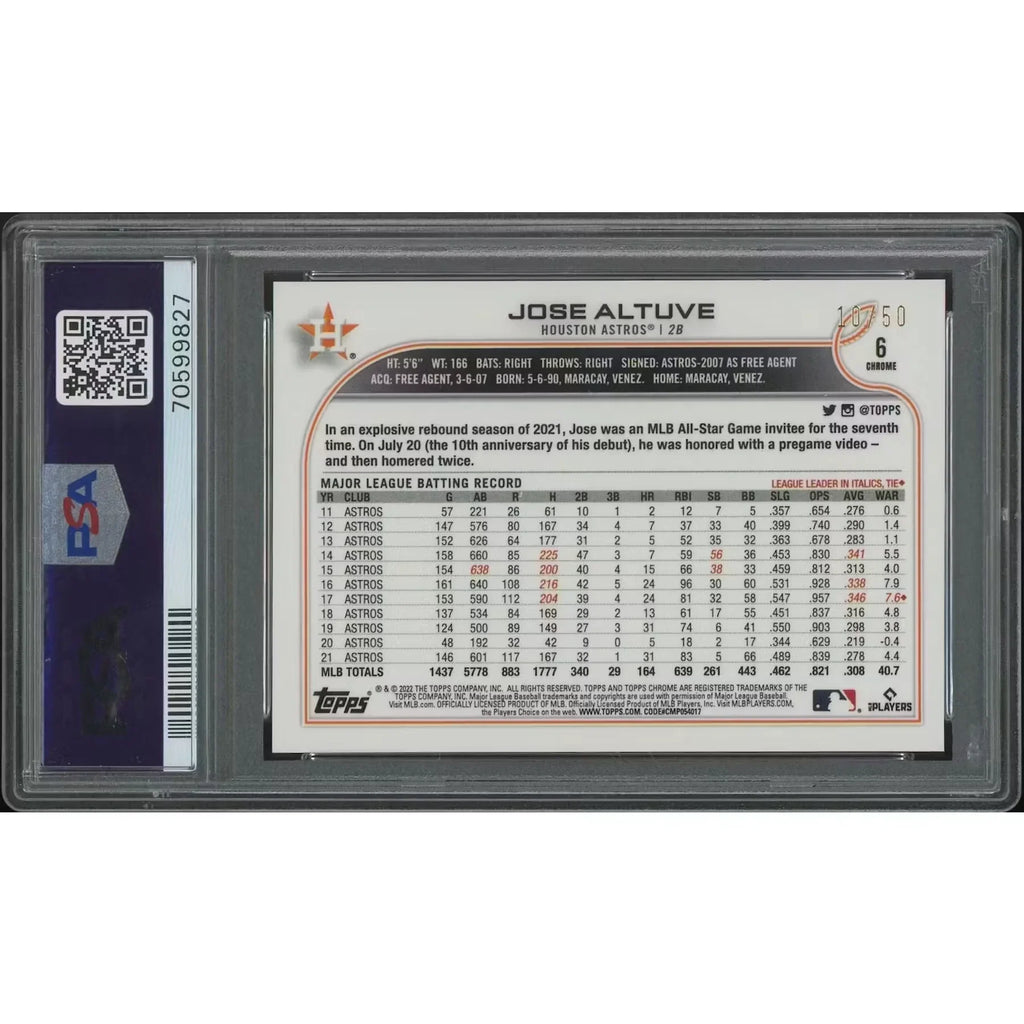 Jose Altuve 2022 Topps Chrome Baseball Card | Gold Speckle Refractor #10/50 PSA 9