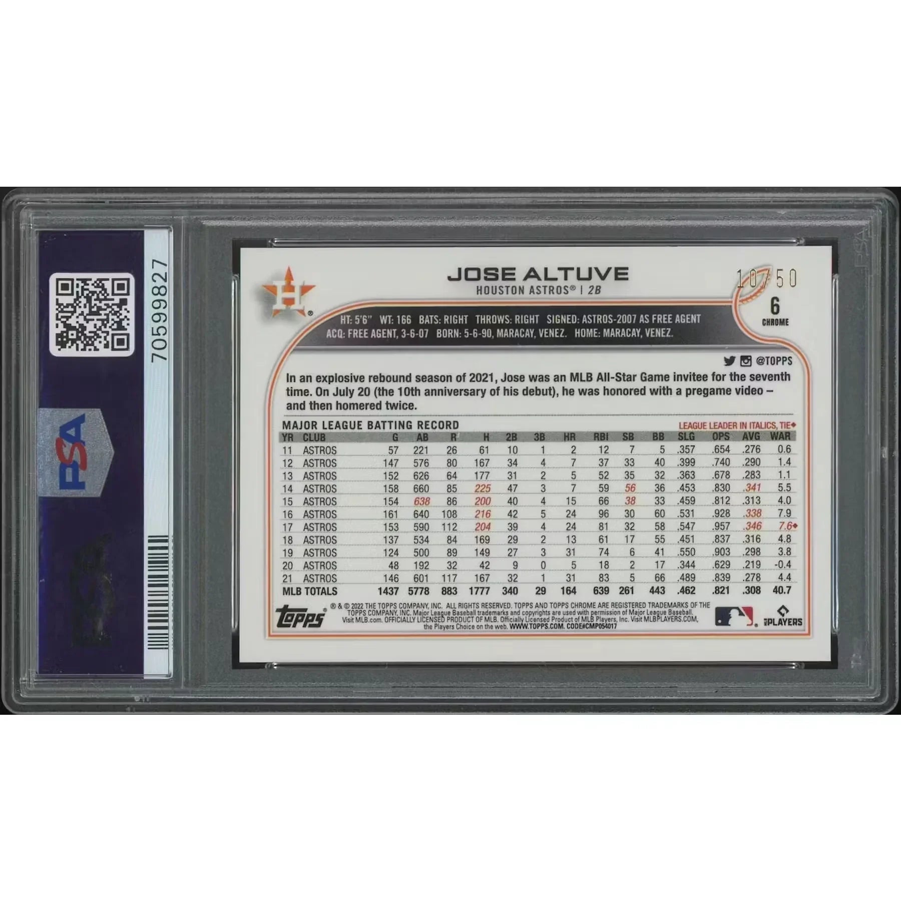 Jose Altuve 2022 Topps Chrome Baseball Card | Gold Speckle Refractor #10/50 PSA 9