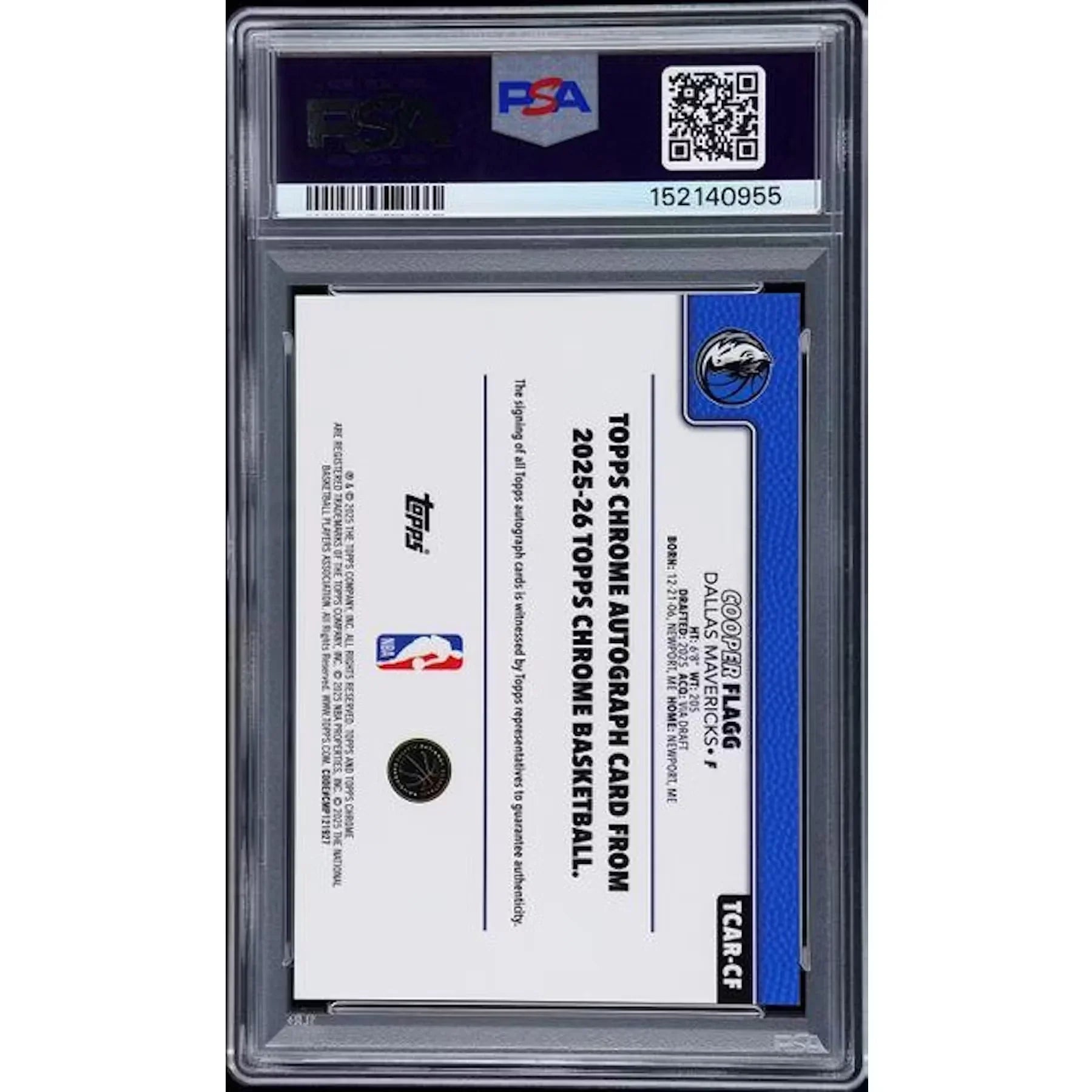 Cooper Flagg 2025-26 Topps Chrome Blue Refractor Rookie Auto | PSA 7