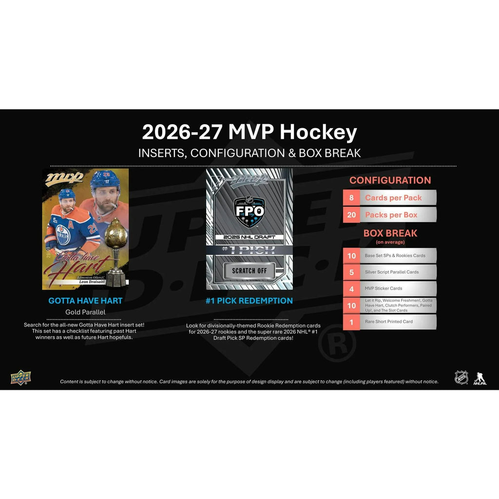 2026 27 Upper Deck MVP Hockey Hobby 20 Box Case Presell Releases Aug 19th 2026 (Ships Sealed Only)
