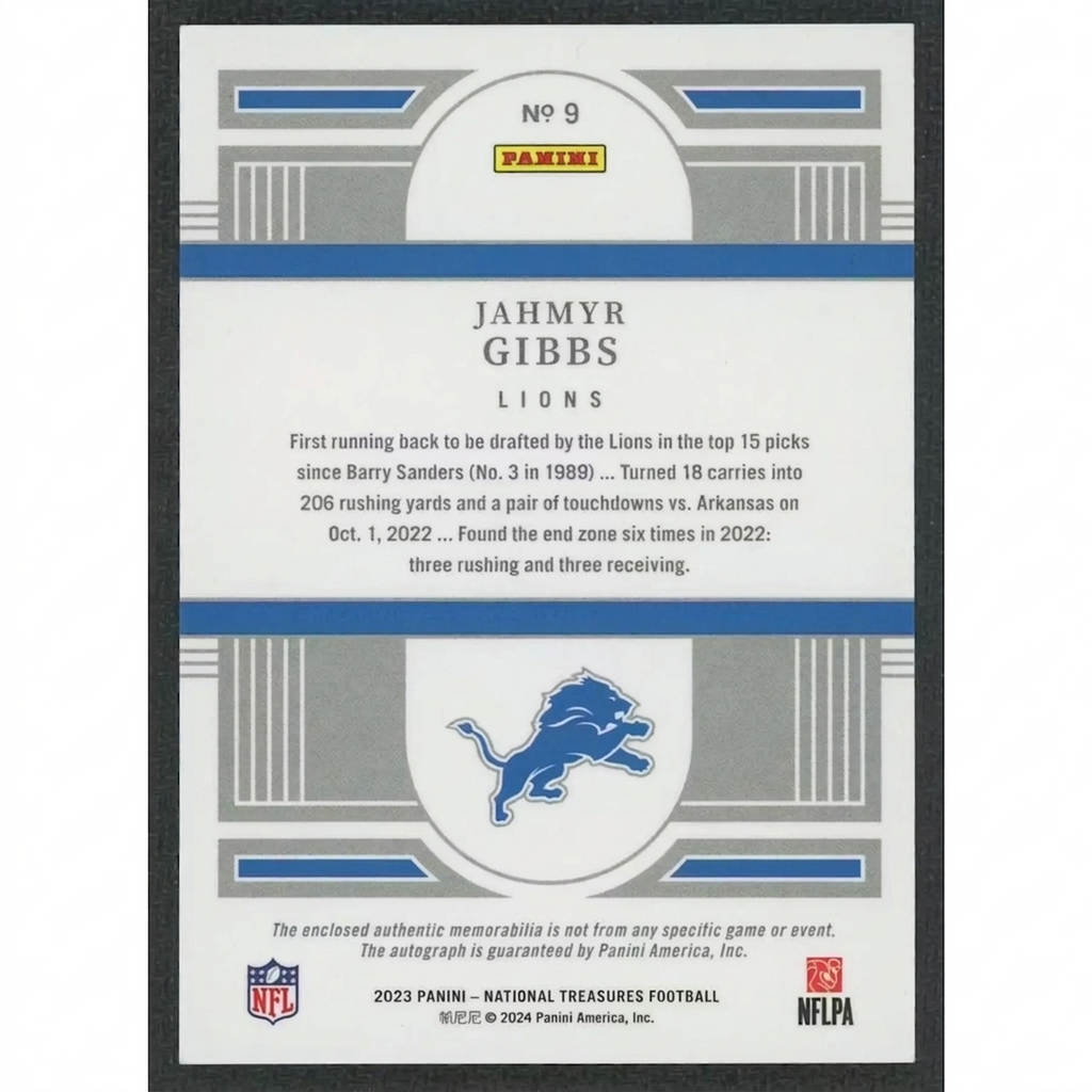 Jahmyr Gibbs 2023 National Treasures Rookie Patch Auto Shield | 1/1