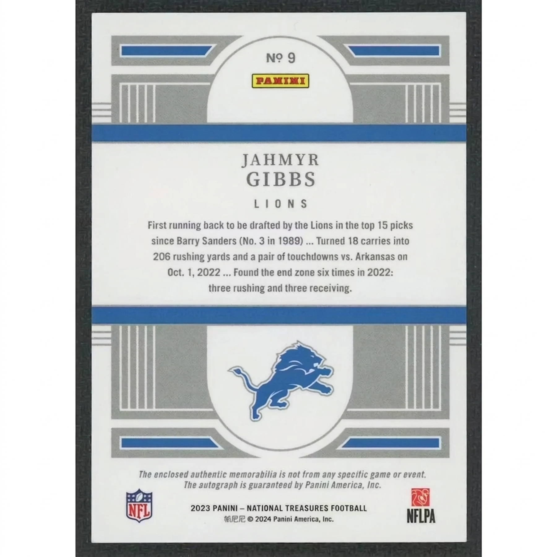 Jahmyr Gibbs 2023 National Treasures Rookie Patch Auto Shield | 1/1
