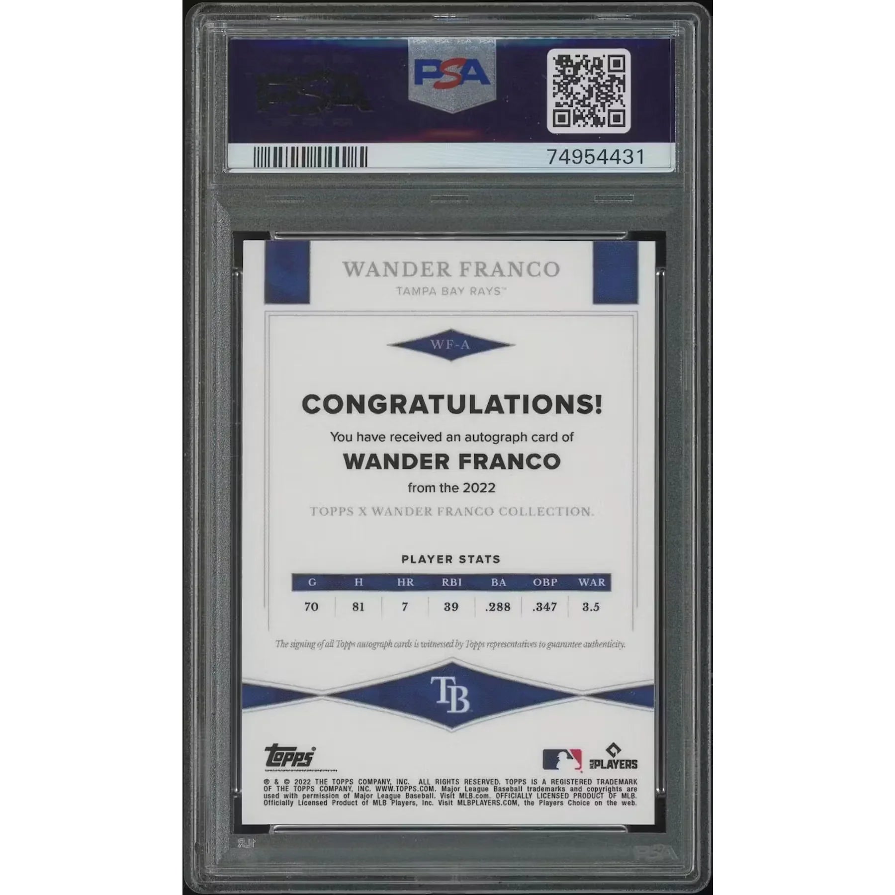 Wander Franco Signed 2022 Topps X Rookie #66 Card | PSA 10 Gem Mint