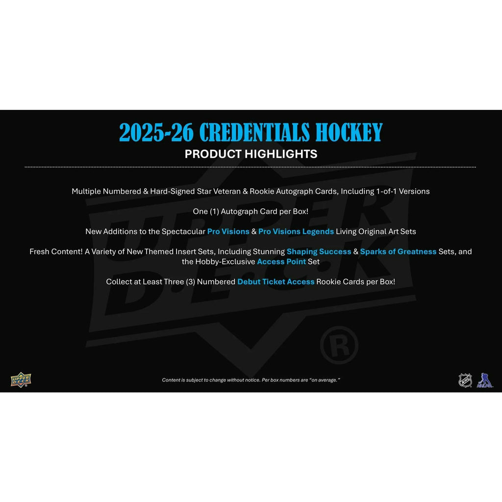 2025 26 Upper Deck Credentials Hockey Hobby 20 Box Case (Ships Sealed Only) - D1