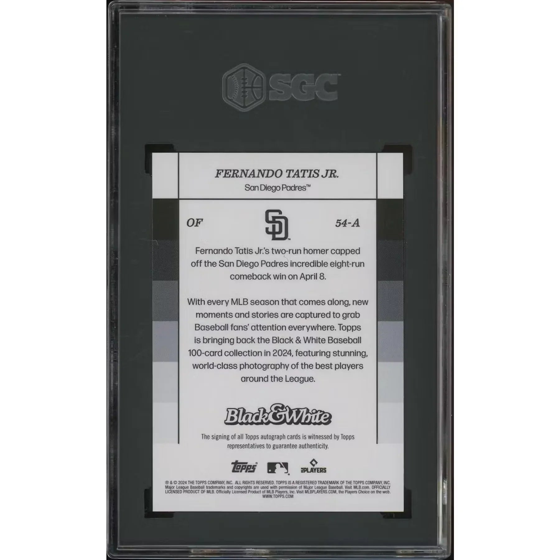 Fernando Tatis Jr. Signed 2024 Topps Black & White Card | Purple Auto #25/25 SGC 10
