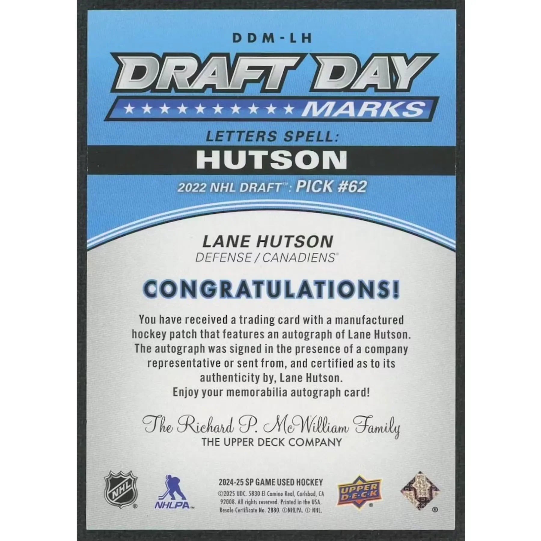 Lane Hutson Signed 2024-25 SP Game Used Draft Day Marks Card |/35
