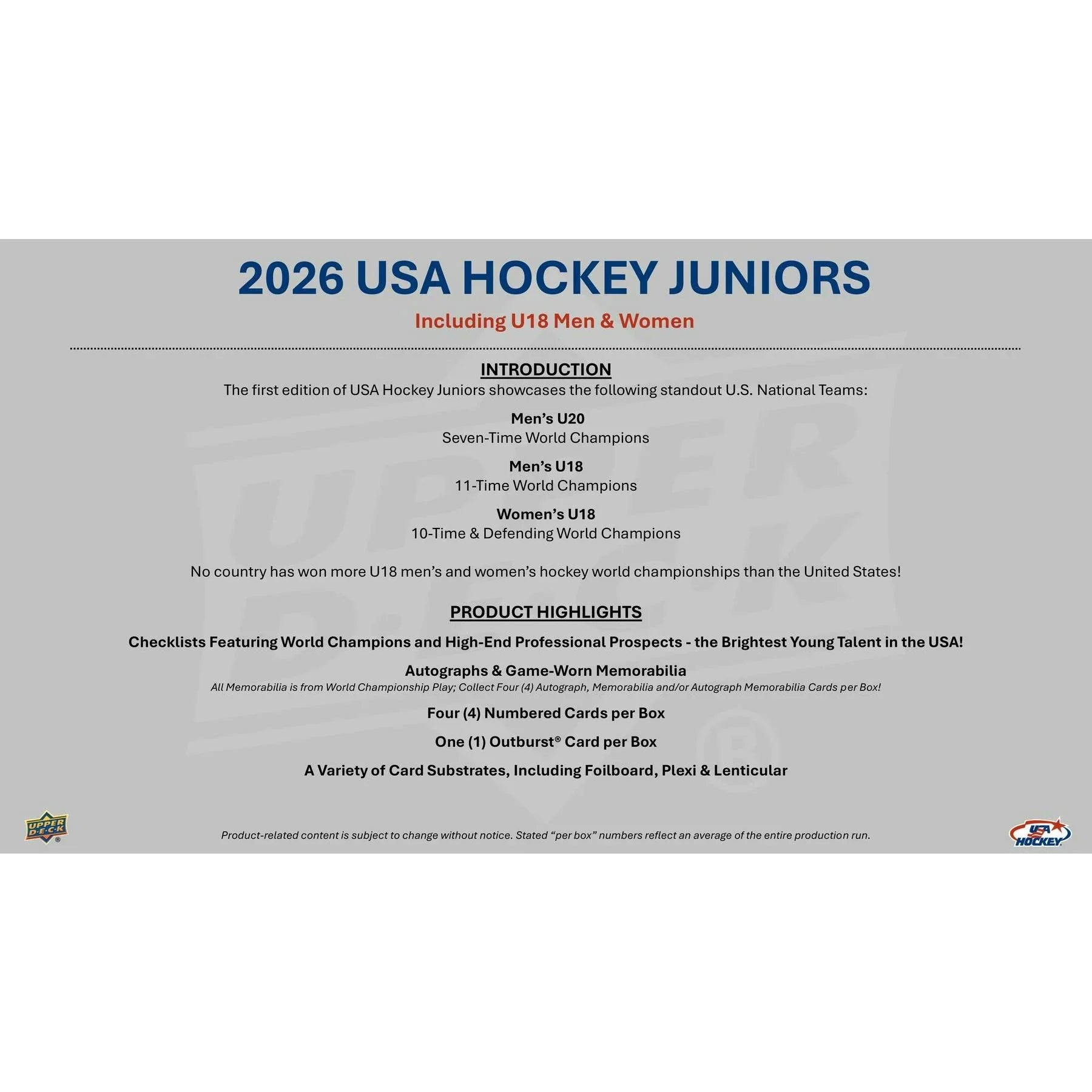 2026 Upper Deck Team USA Juniors Hockey Hobby Box Presell Releases Sep 16th 2026 (Ships Sealed Only)