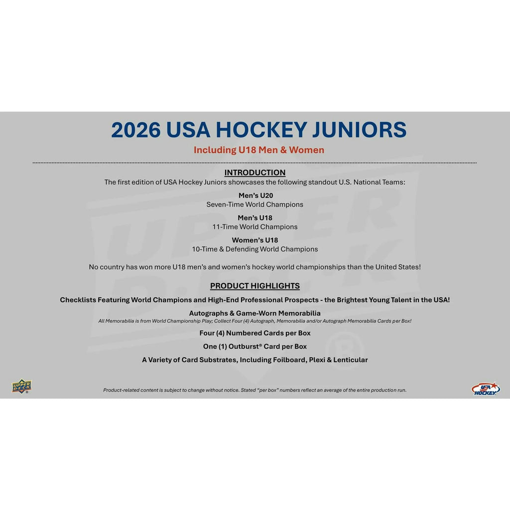 2026 USA Juniors Hockey Hobby Upper Deck Team 12 Box Case Presell Releases Sep 16th 2026 (Ships Sealed Only)