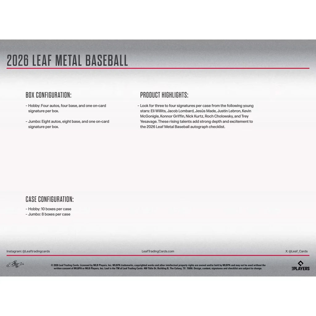 2026 Leaf Metal Baseball Hobby Jumbo Box | 8 Autographs Per Box (Ships Sealed Only) - D2