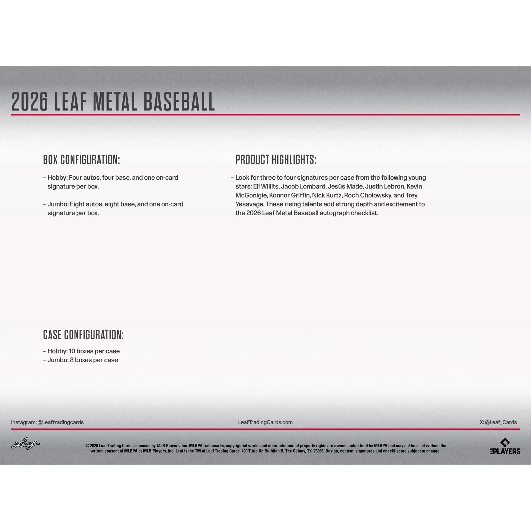 2026 Leaf Metal Baseball Hobby Jumbo Box | 8 Autographs Per Box (Ships Sealed Only) - D2