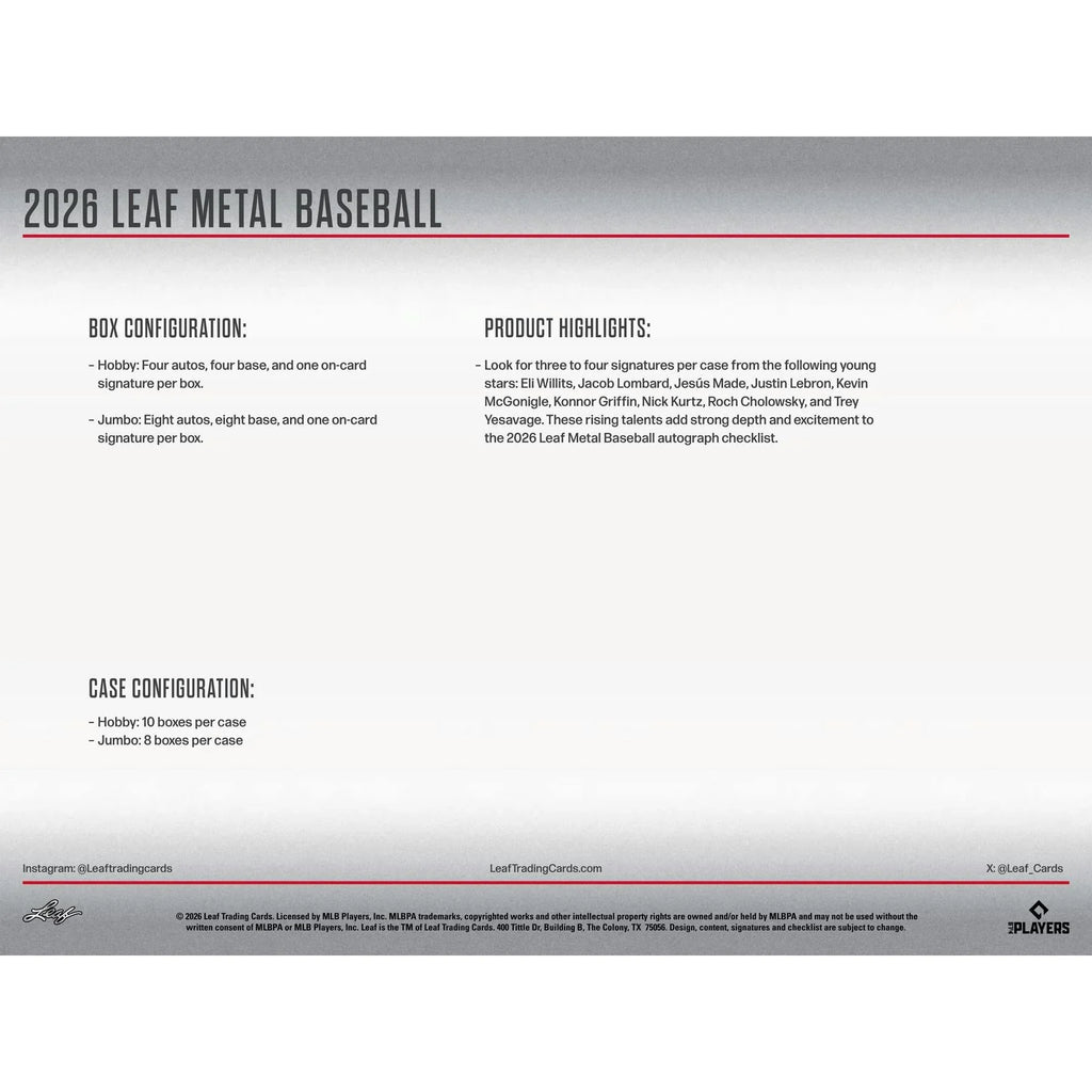 2026 Leaf Metal Baseball Hobby Jumbo 8 Box Case (Ships Sealed Only)