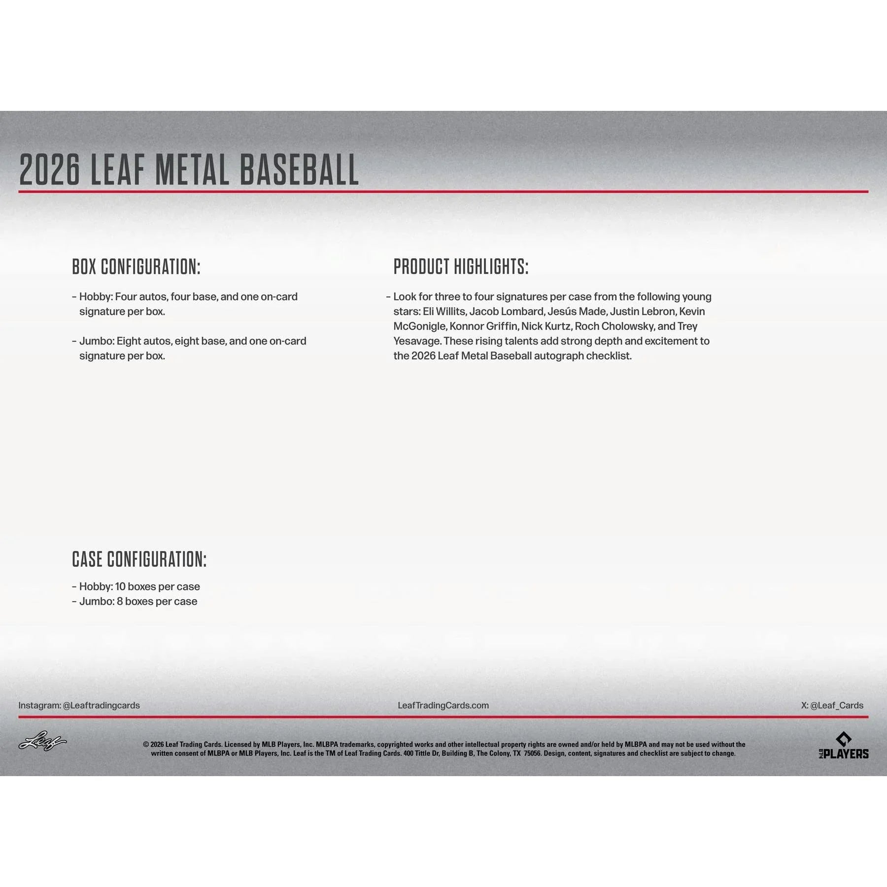 2026 Leaf Metal Baseball Hobby Jumbo 8 Box Case (Ships Sealed Only)