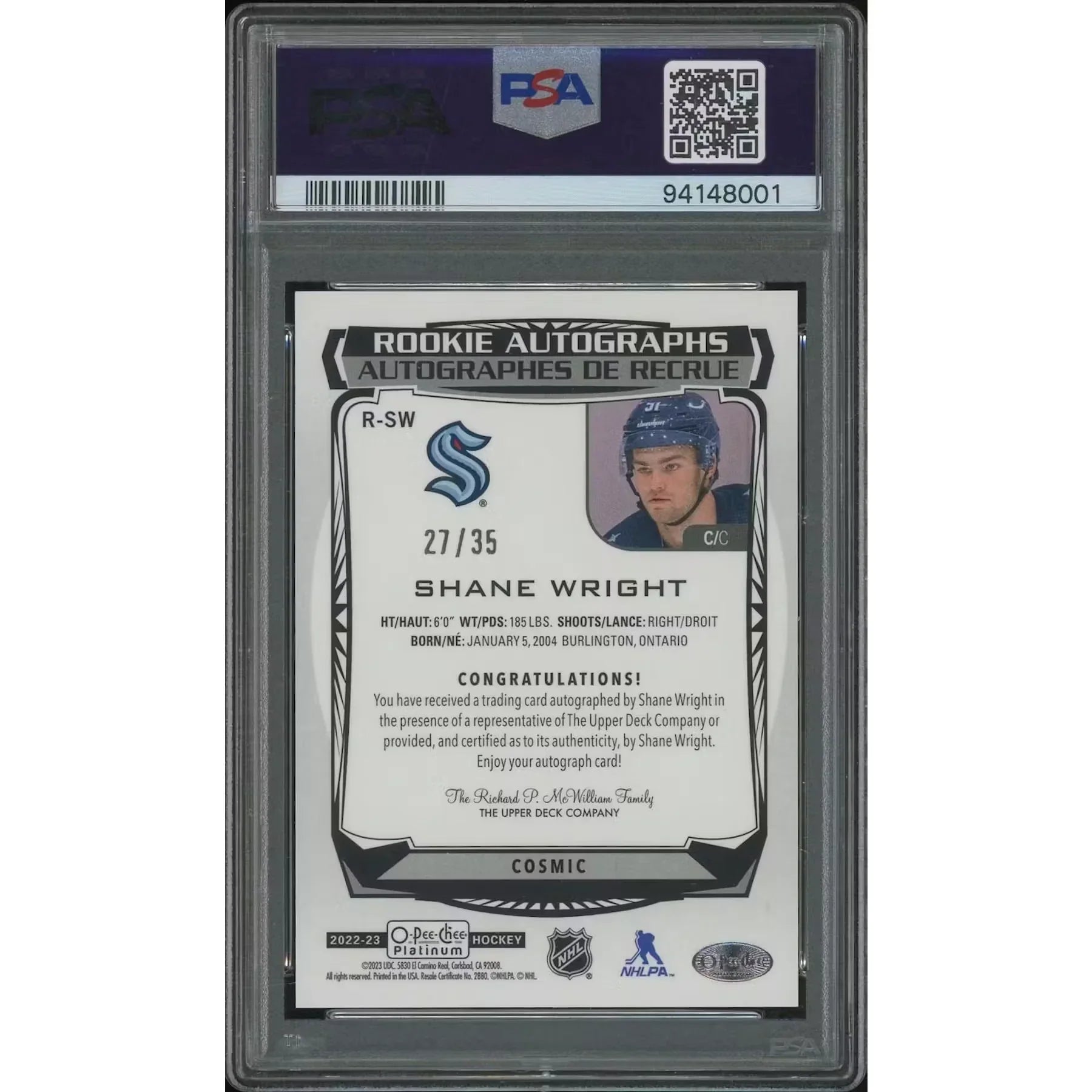 Shane Wright 2022-23 O-Pee-Chee Platinum Cosmic Rookie Auto | PSA 9 #27