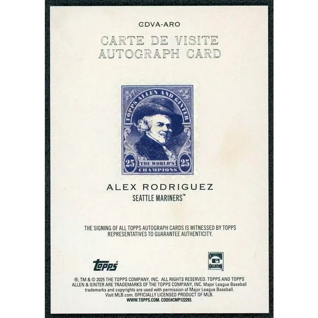 Alex Rodriguez Signed 2025 Topps Allen & Ginter Carte De Visite | Auto/10
