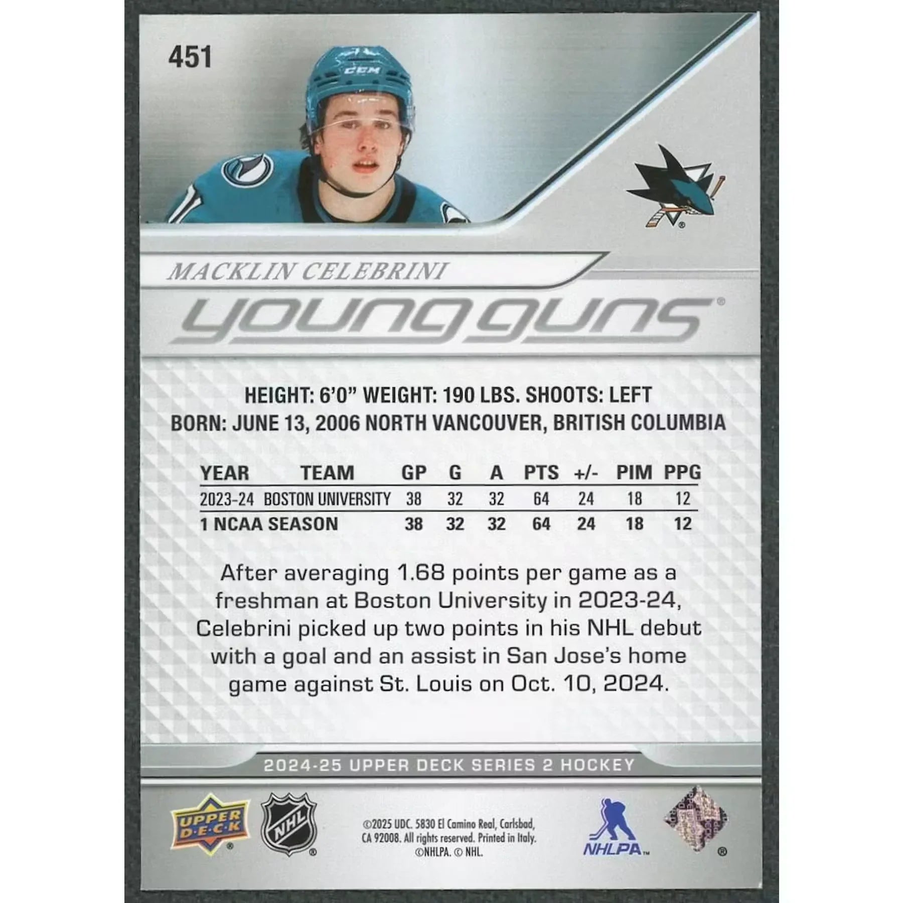 Macklin Celebrini Signed Young Guns Deluxe Card | 2024-25 Upper Deck #451