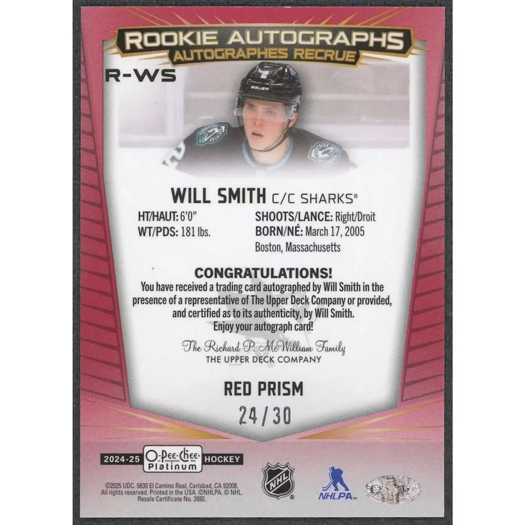 Will Smith 2024-25 O-Pee-Chee Platinum Red Prism Auto |/30