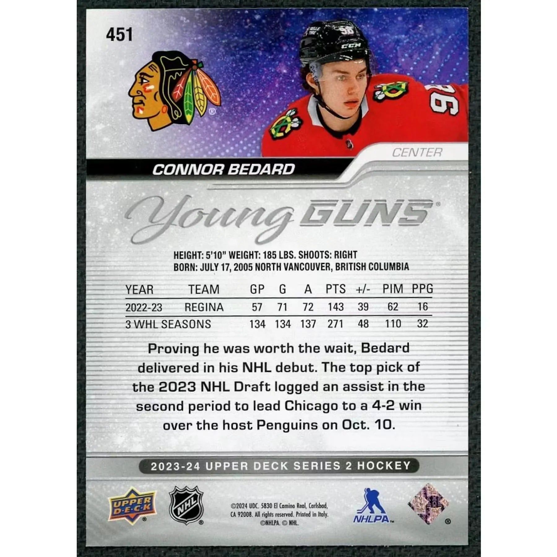2023-24 Upper Deck Series 2 Connor Bedard Young Guns #451 - D1