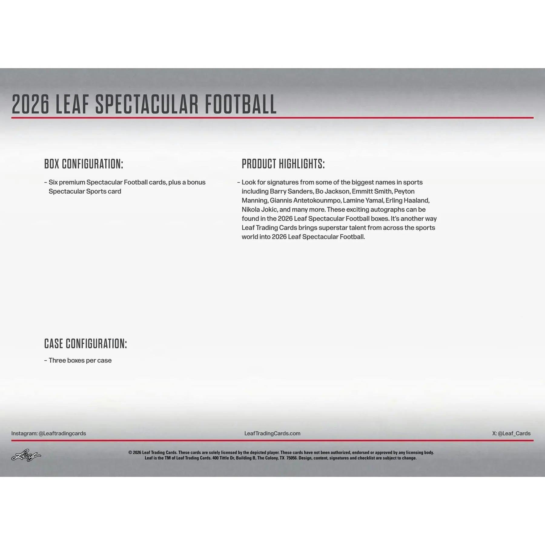 2026 Leaf Spectacular Football Hobby Box Presell Releases Jun 10th 2026 (Ships Sealed Only)