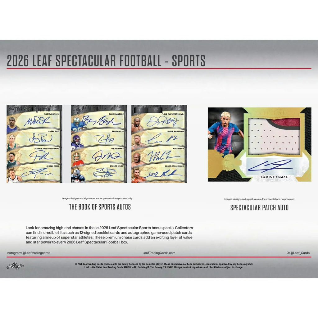 2026 Leaf Spectacular Football Hobby 3 Box Case Presell Releases Jun 10th 2026 (Ships Sealed Only)