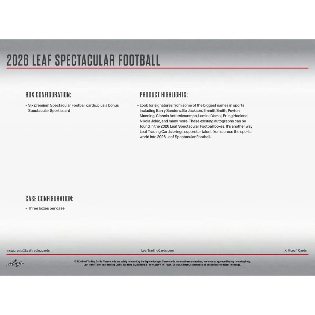 2026 Leaf Spectacular Football Hobby 3 Box Case Presell Releases Jun 10th 2026 (Ships Sealed Only)