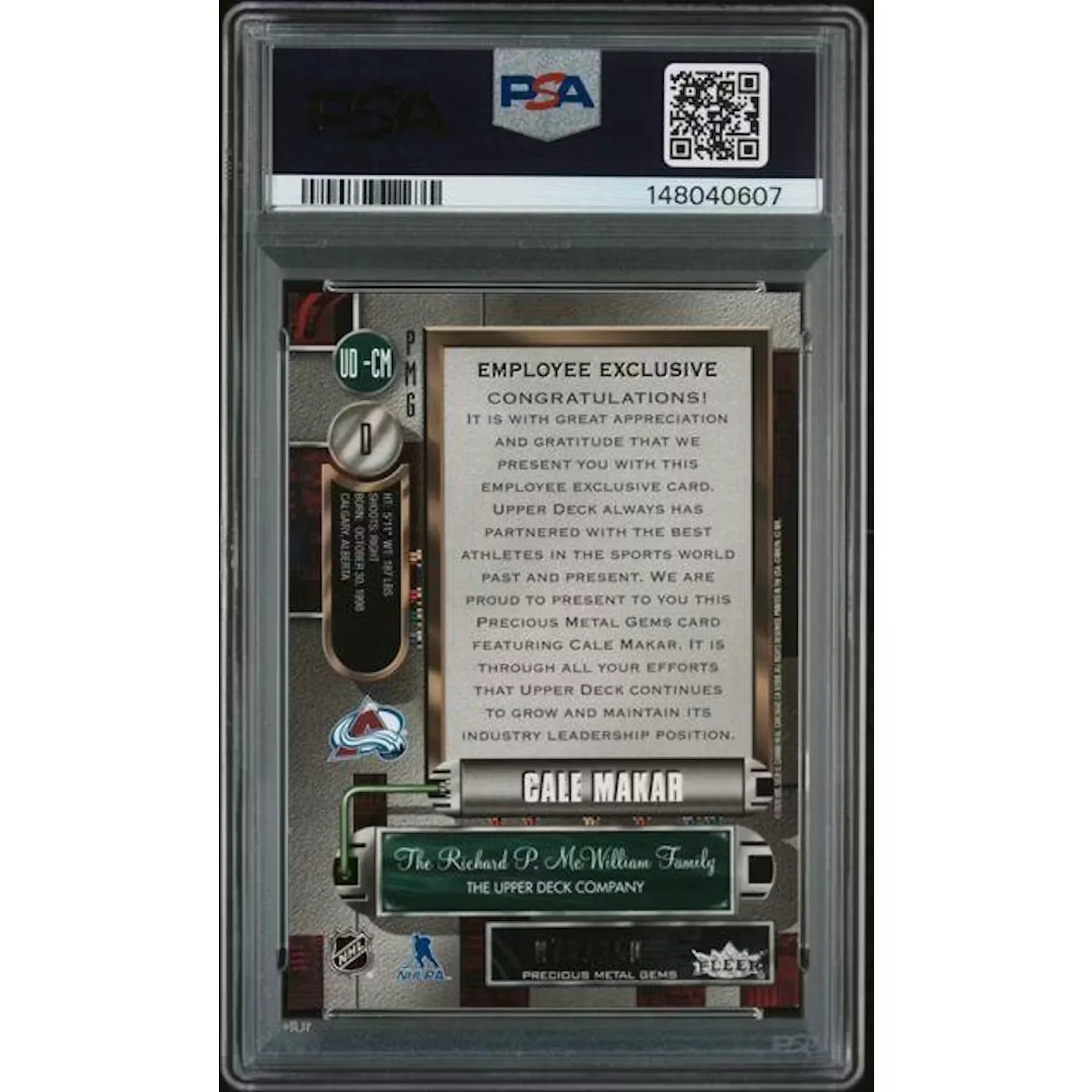Cale Makar 2019 Upper Deck Employee Exclusive Precious Metal Gems Card | PSA 7