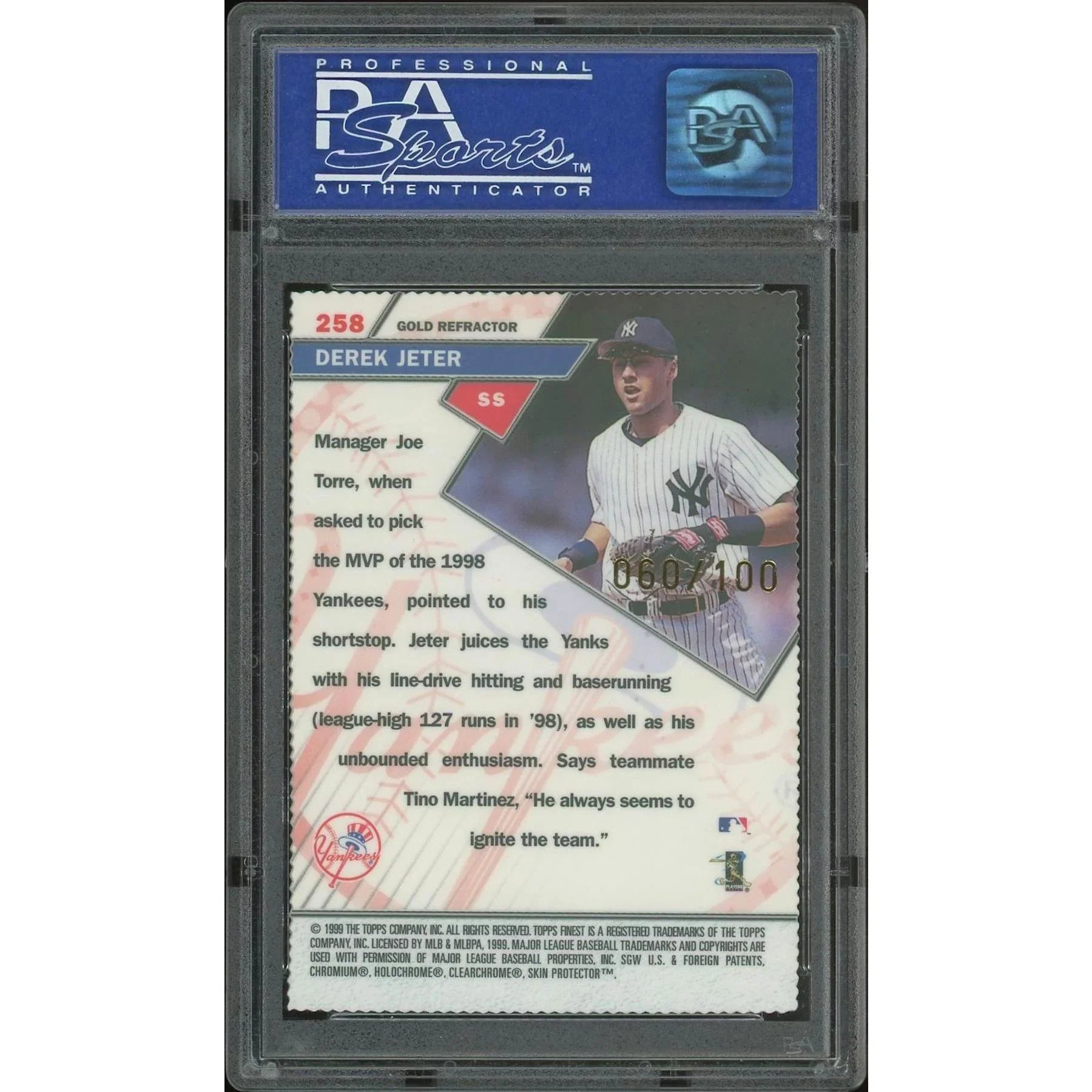 Derek Jeter 1999 Topps Finest #258 Gold Die-Cut Refractor | PSA 9
