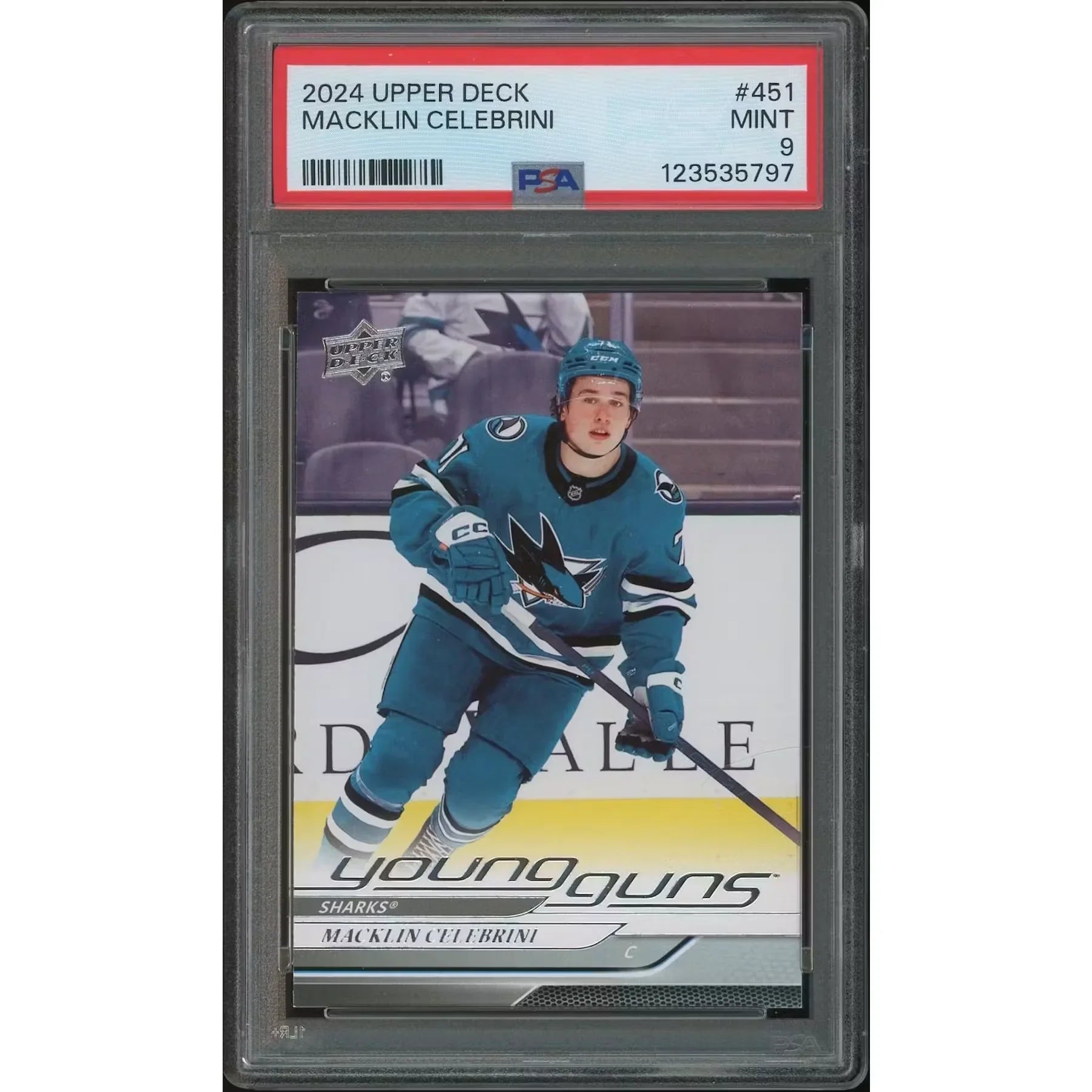 2024-25 Upper Deck Hockey #451 Macklin Celebrini Young Guns Rookie PSA 9 (MINT) - D1