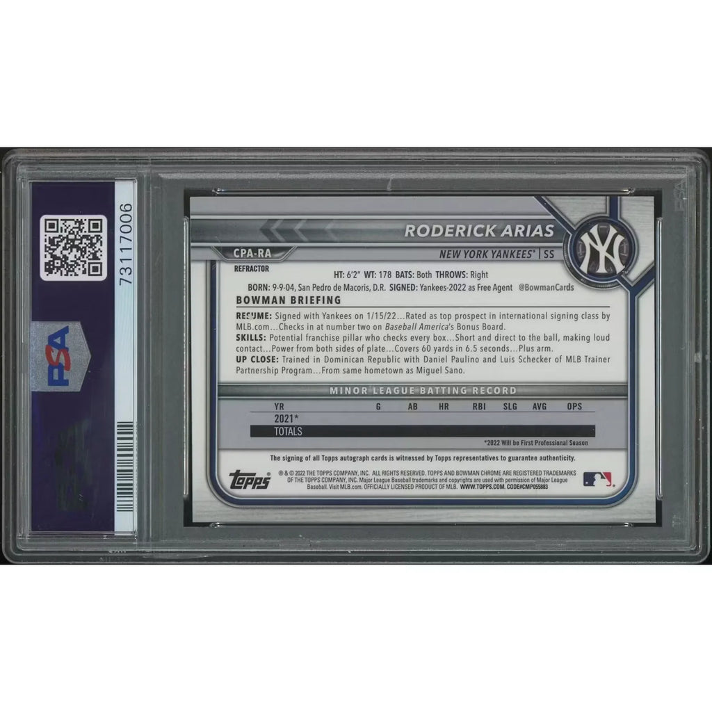 Roderick Arias 2022 Bowman Chrome Prospect Rookie Refractor Auto | PSA 10 Gem Mint #046