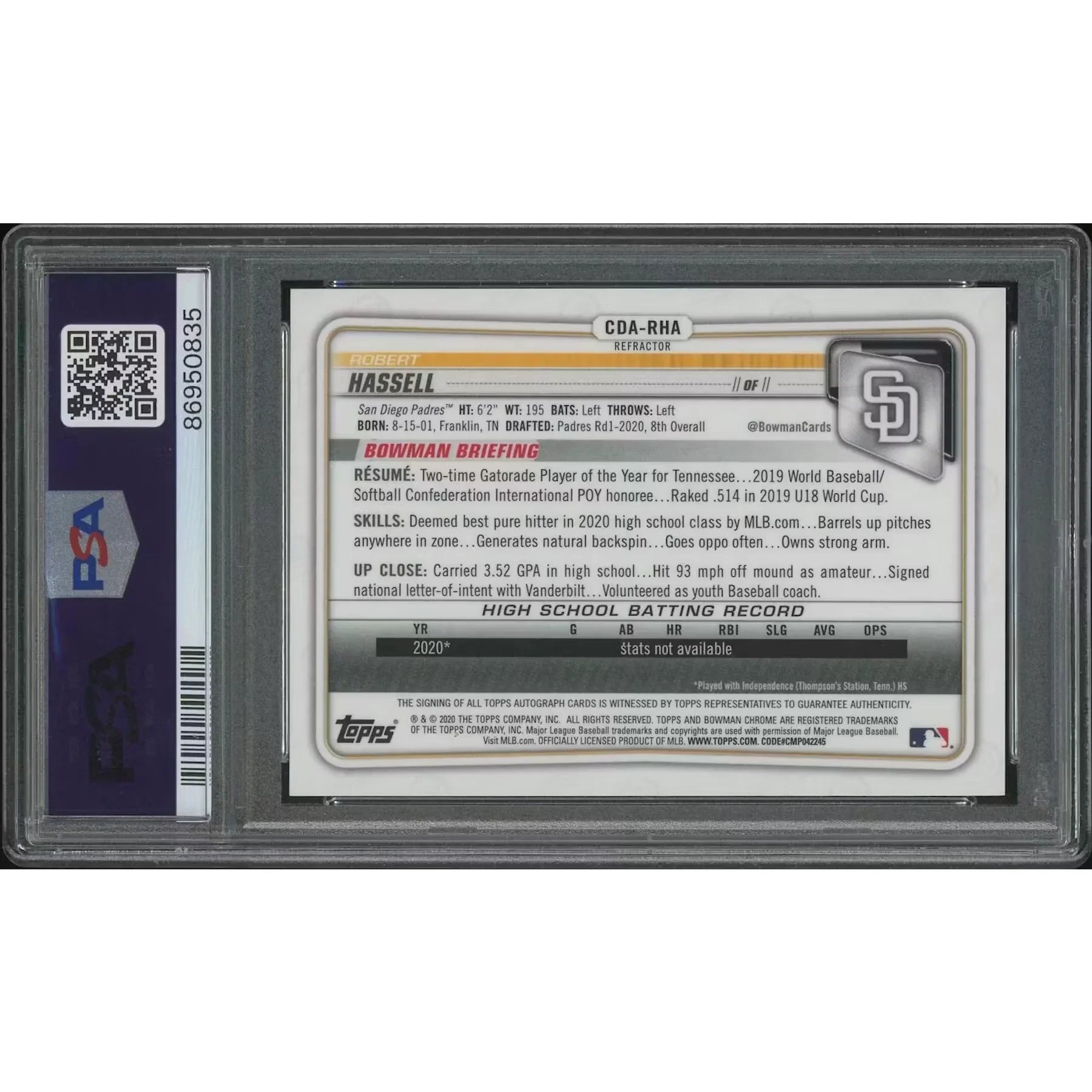 Robert Hassell Signed 2020 Bowman Chrome Draft Rookie Refractor | PSA 10 Gem Mint #135