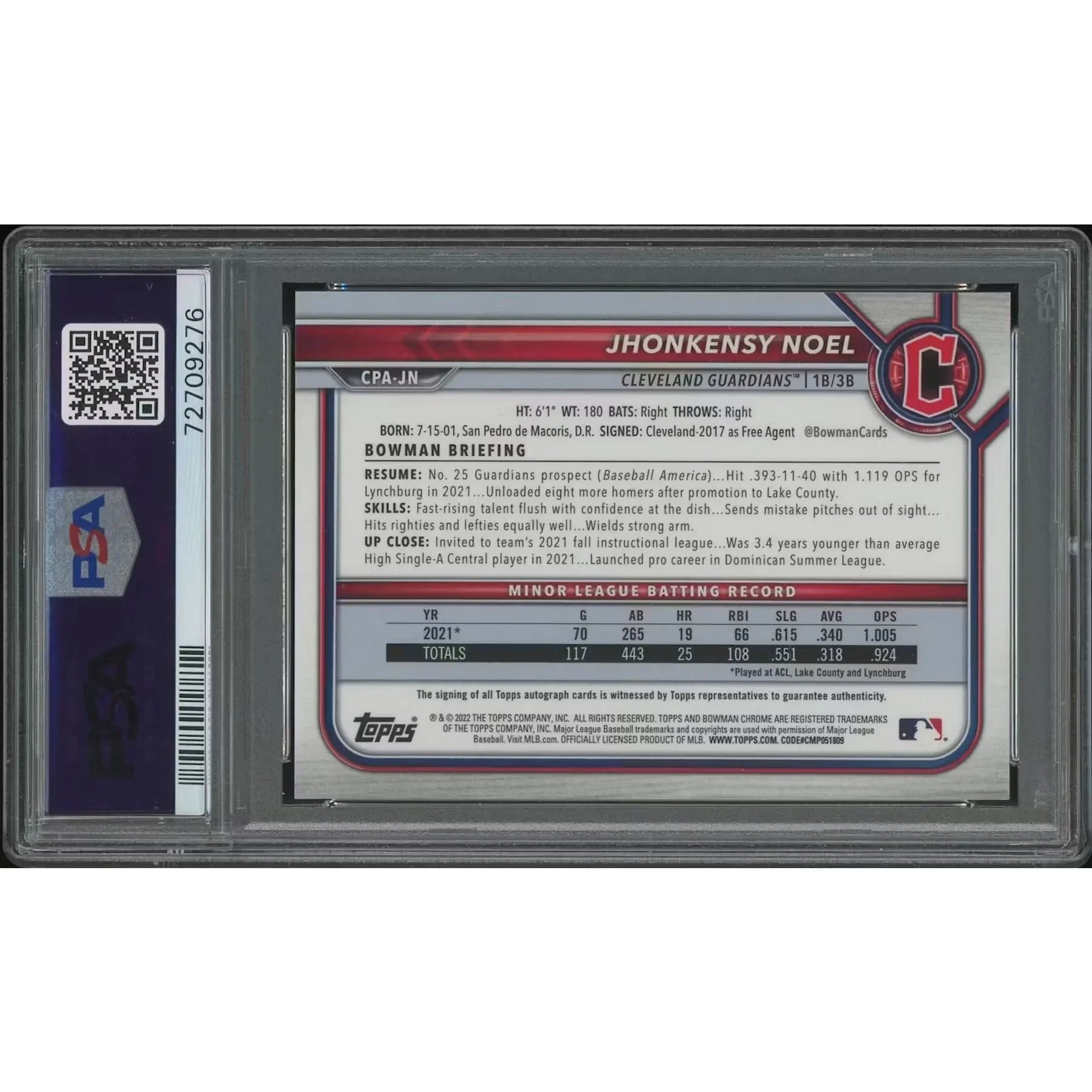 Jhonkensy Noel Signed 2022 Bowman Chrome Gold Refractor Rookie Auto | PSA 9 #37