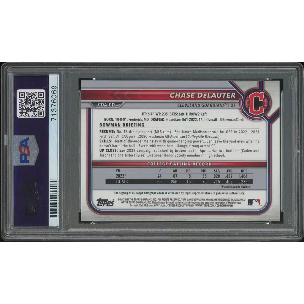 Chase DeLauter 2022 Bowman Chrome Draft Rookie Auto | PSA 10 Gem Mint