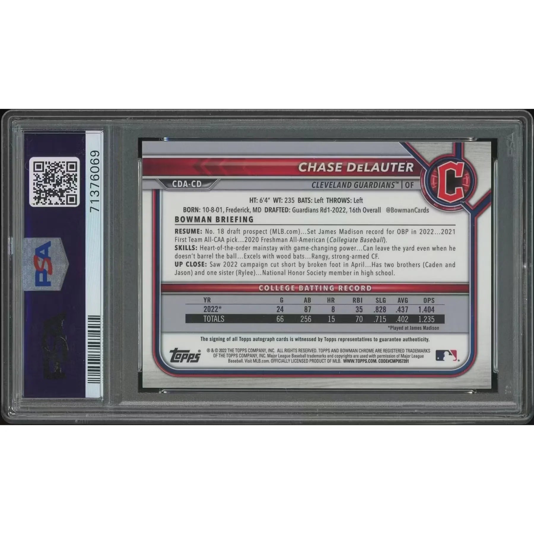 Chase DeLauter 2022 Bowman Chrome Draft Rookie Auto | PSA 10 Gem Mint