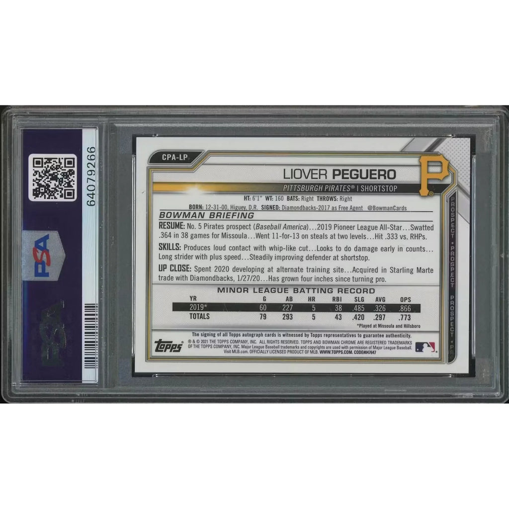 Liover Peguero Signed 2021 Bowman Chrome Rookie #285 Card | PSA 10 Gem Mint