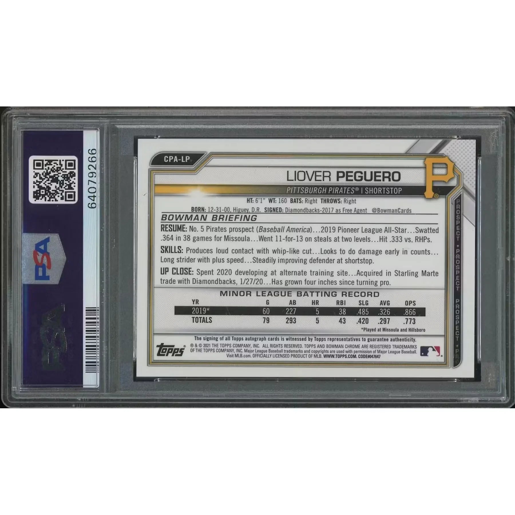 Liover Peguero Signed 2021 Bowman Chrome Rookie #285 Card | PSA 10 Gem Mint