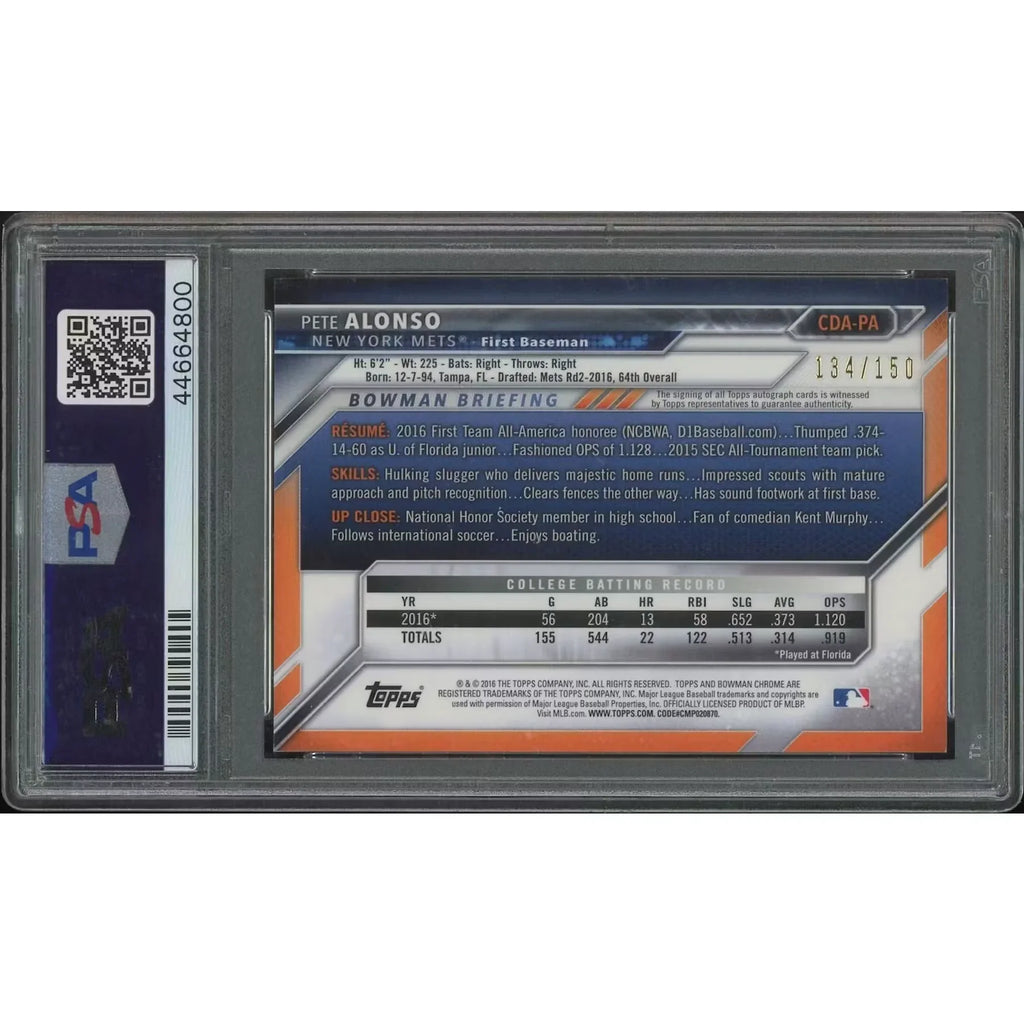 Pete Alonso 2016 Bowman Chrome Draft Rookie Autograph | Blue Wave Refractor PSA 7 #134