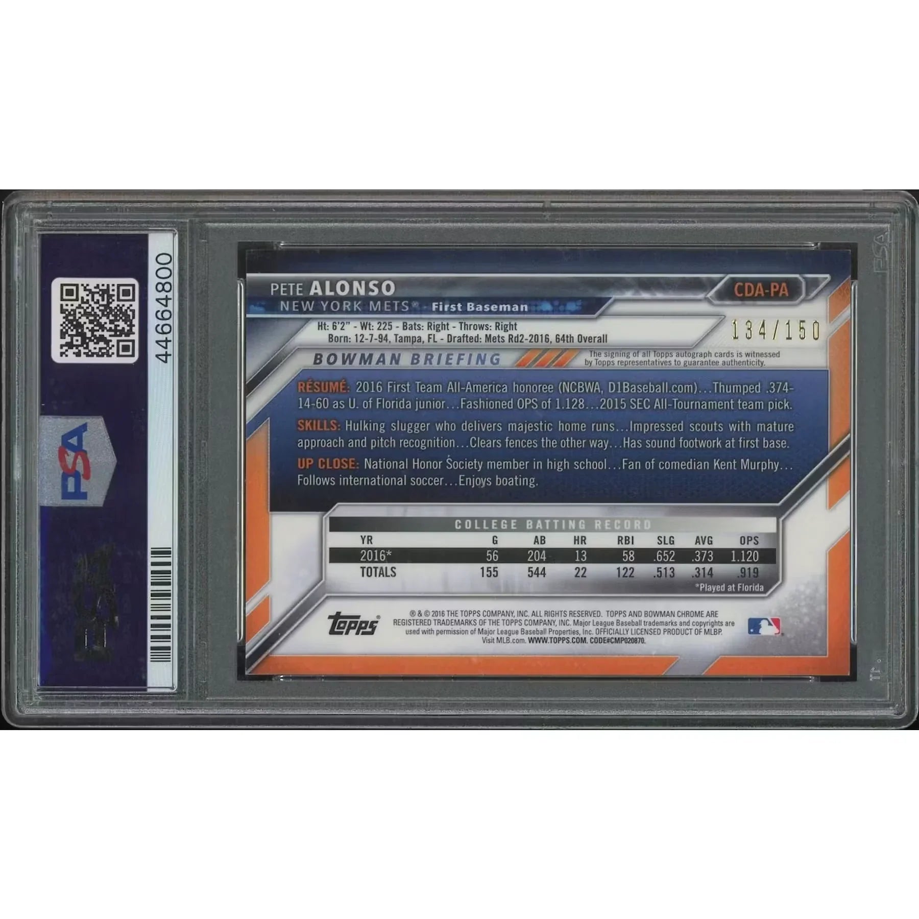 Pete Alonso 2016 Bowman Chrome Draft Rookie Autograph | Blue Wave Refractor PSA 7 #134