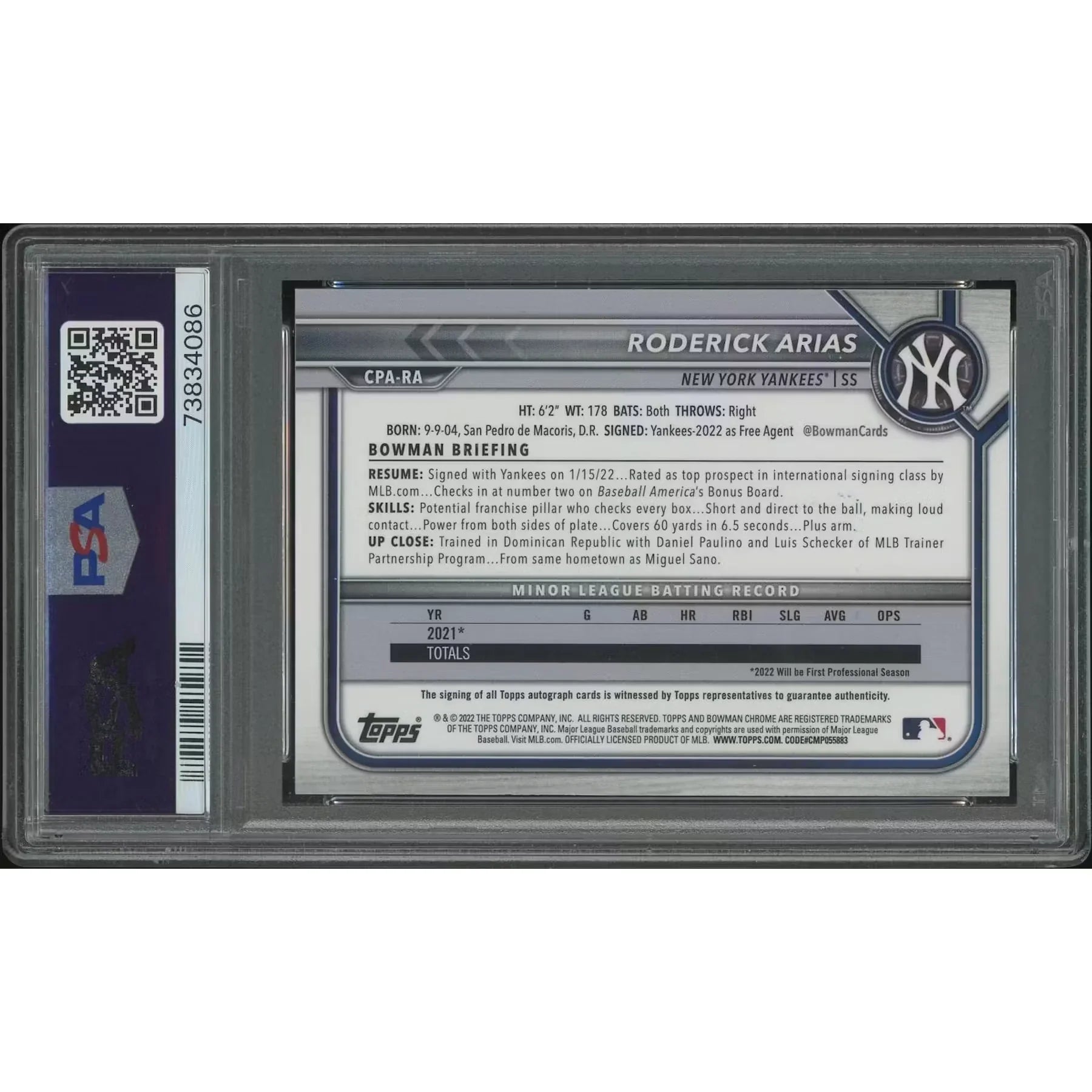 Roderick Arias 2022 Bowman Chrome Rookie Auto | PSA 9 Speckle Refractor #128