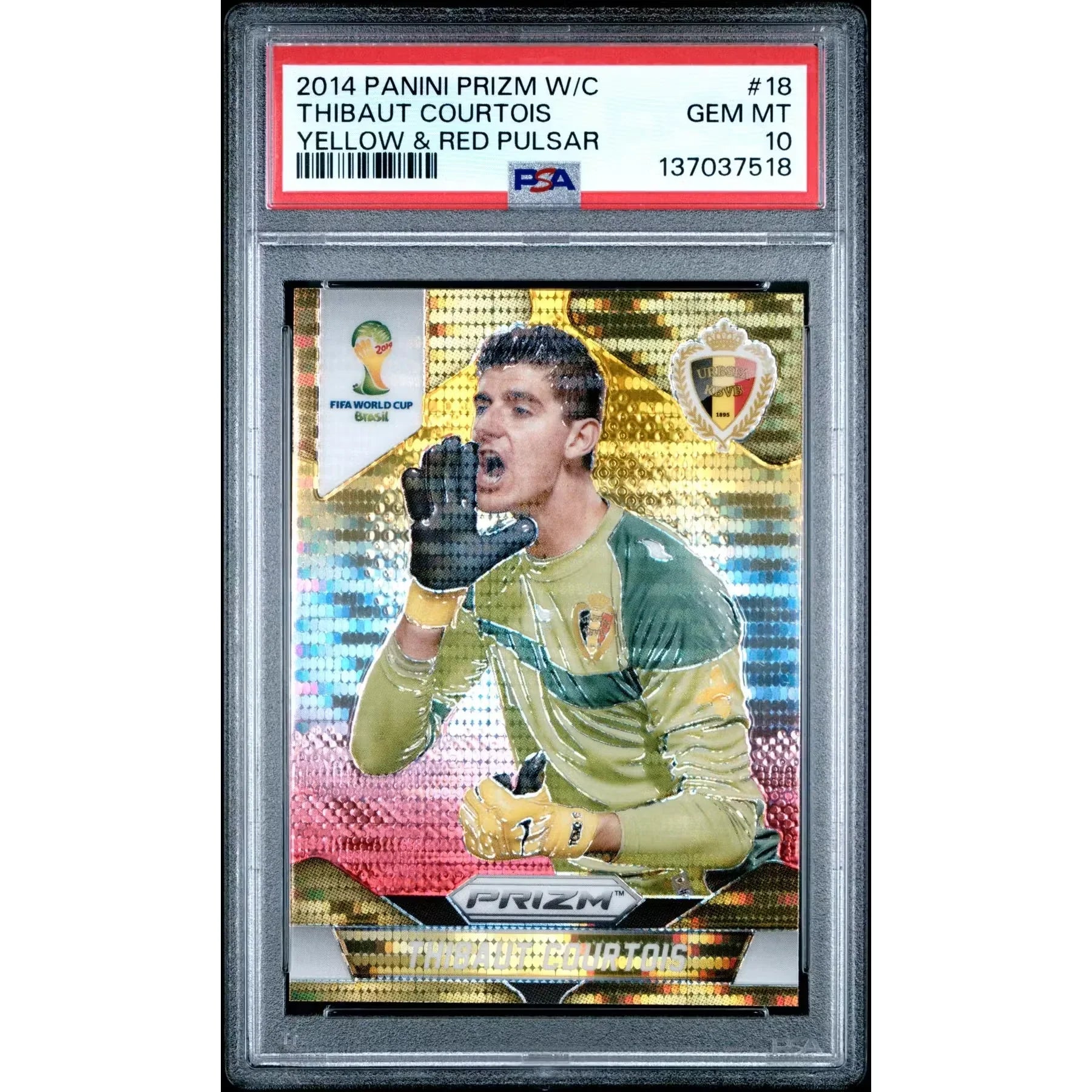 Thibaut Courtois 2014 Panini Prizm World Cup #18 Card | PSA 10 Yellow Red Pulsar
