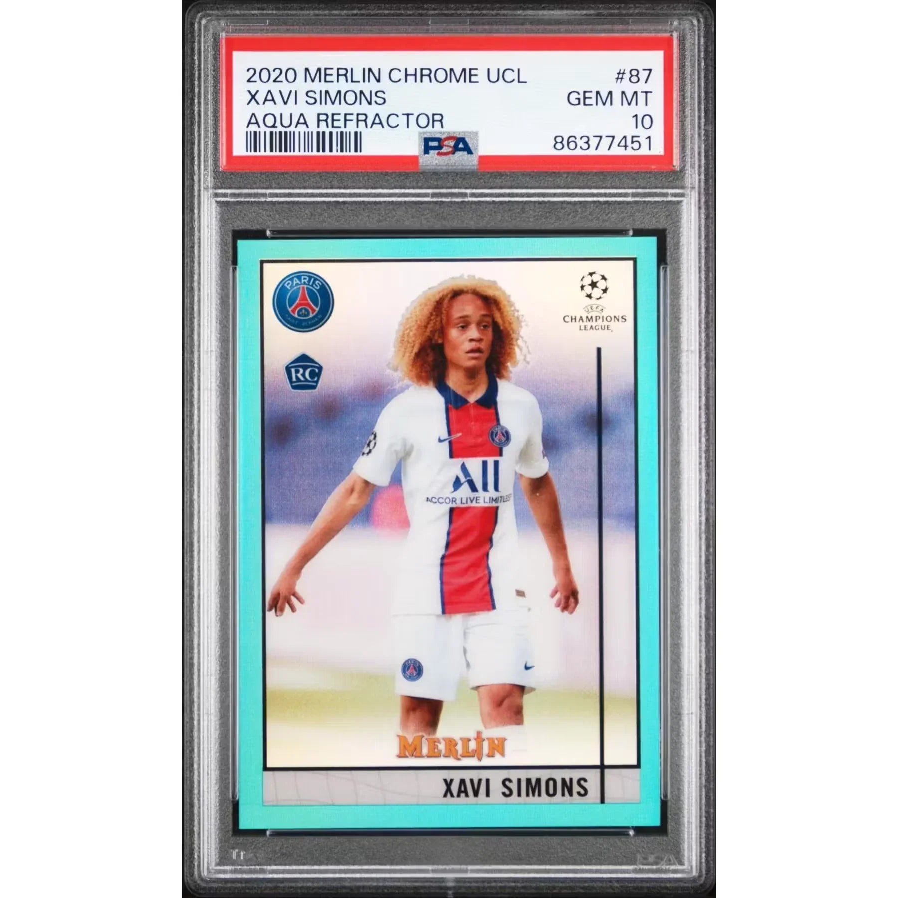 Xavi Simons 2020 Topps Merlin Chrome Aqua Refractor | PSA 10