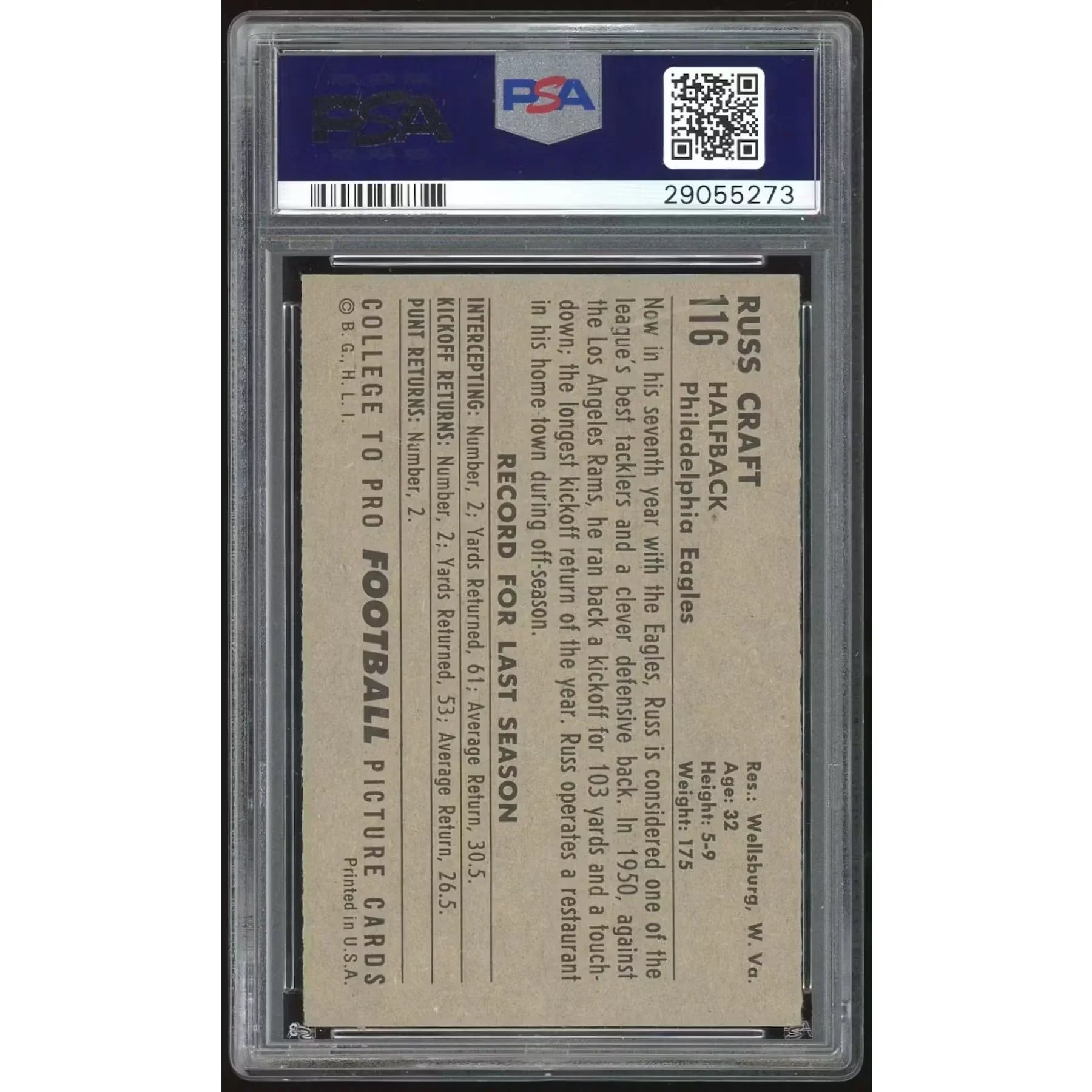 1952 Bowman Large #116 Russ Craft | PSA 7