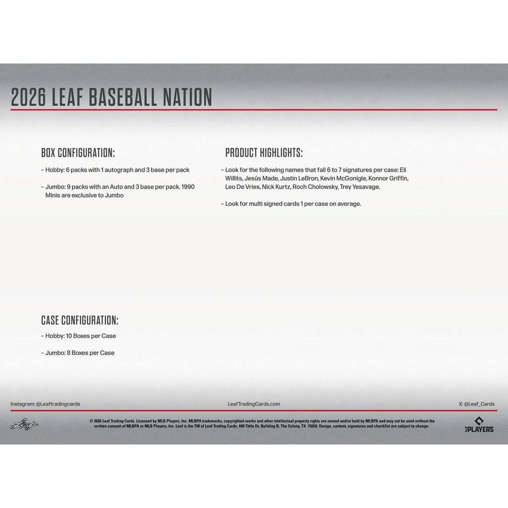2026 Leaf Baseball Nation Hobby Jumbo 8 Box Case (Ships Sealed Only) - D1