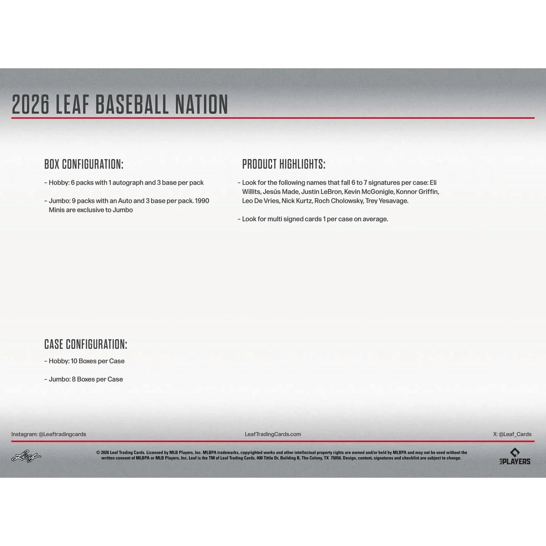 2026 Leaf Baseball Nation Hobby Jumbo 8 Box Case (Ships Sealed Only) - D1